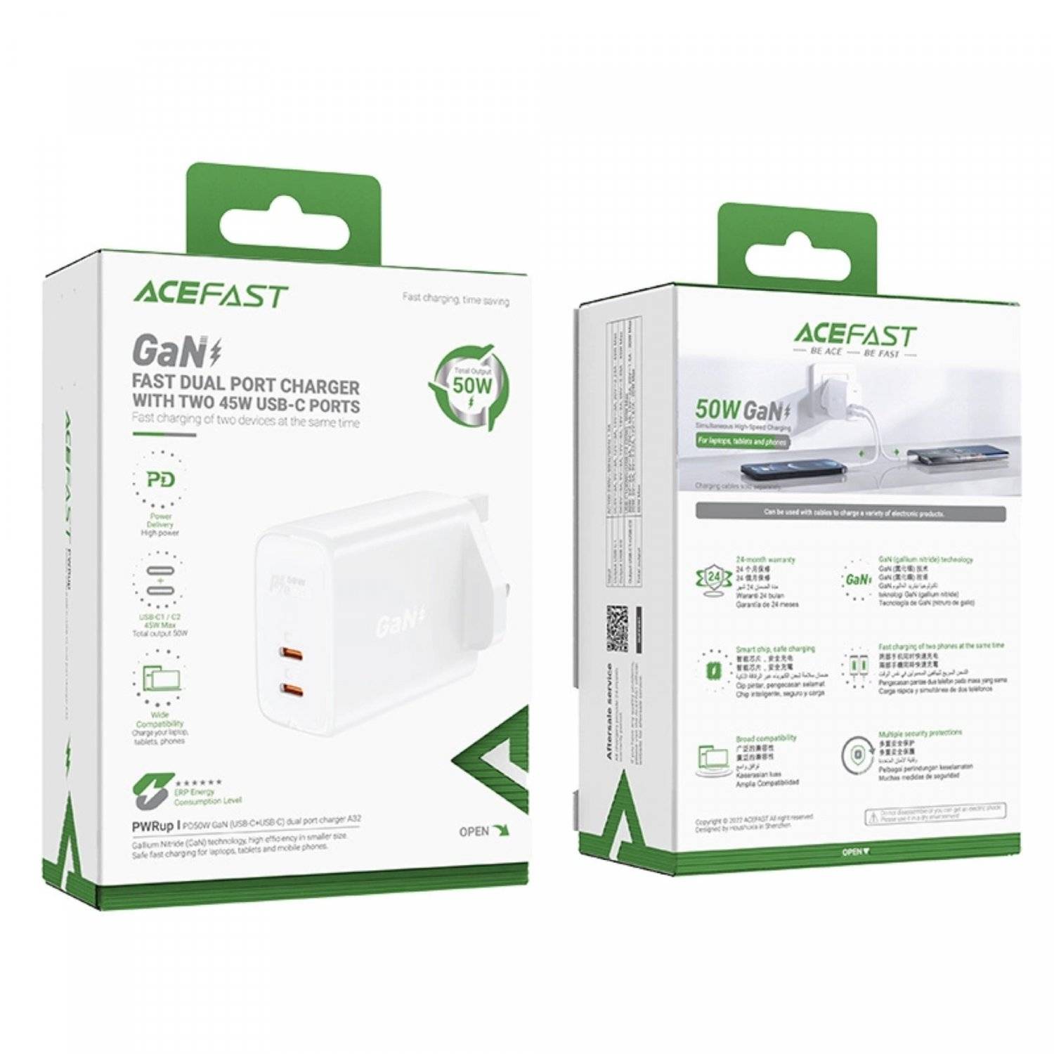 GaN-Ladegerät (UK-Stecker) 2x USB Typ C 50 W, Power Delivery, PPS, Q3 3.0, AFC, FCP