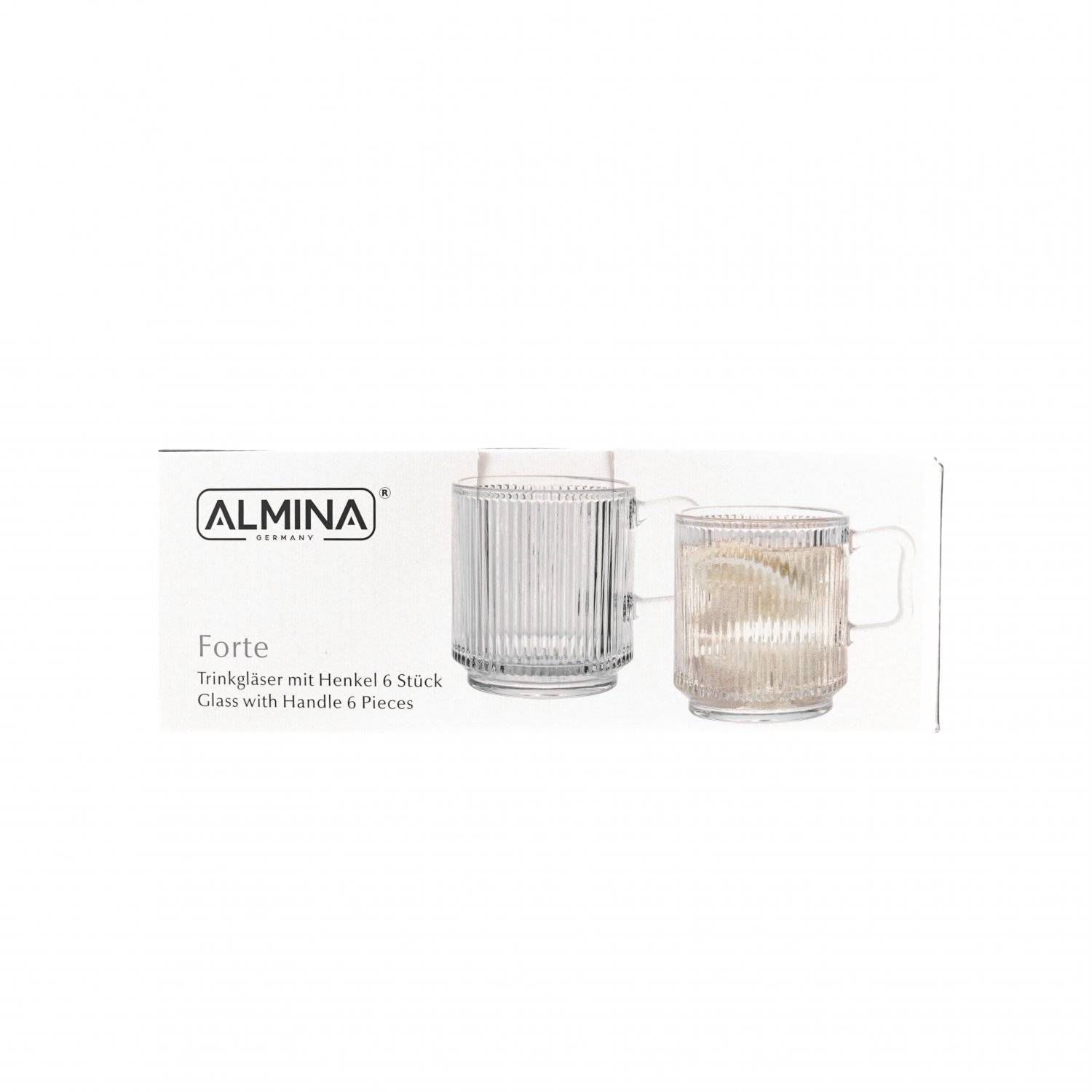 6 Tlg. Riffle Gläser-Set Trinkgläser, Wassergläser 360 ml mit Henkel Transparent