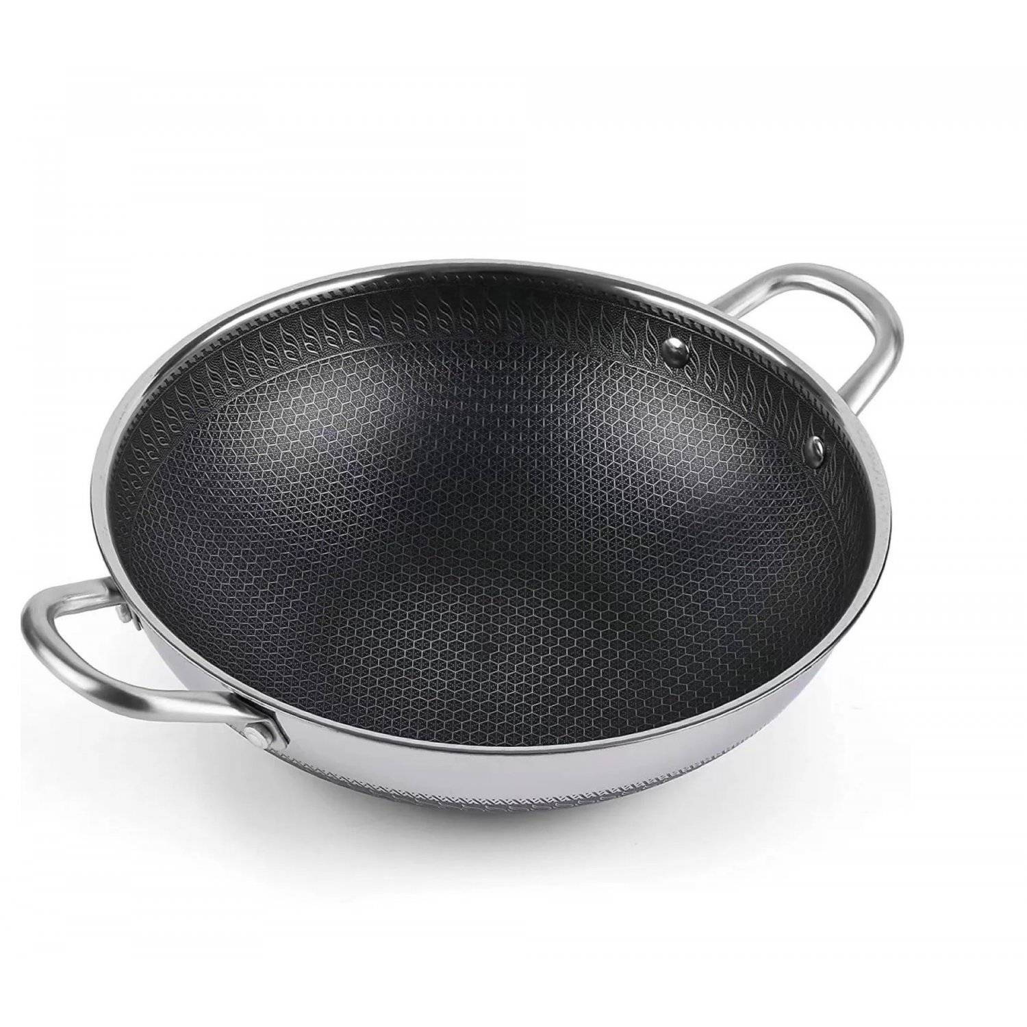 Wok Topf Edelstahl Wabenstruktur Ø36cm Induktion Anti Haft Kratzfest in Silber