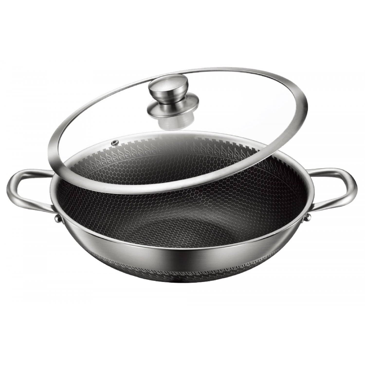 Wok Topf Edelstahl Wabenstruktur Ø36cm Induktion Anti Haft Kratzfest in Silber