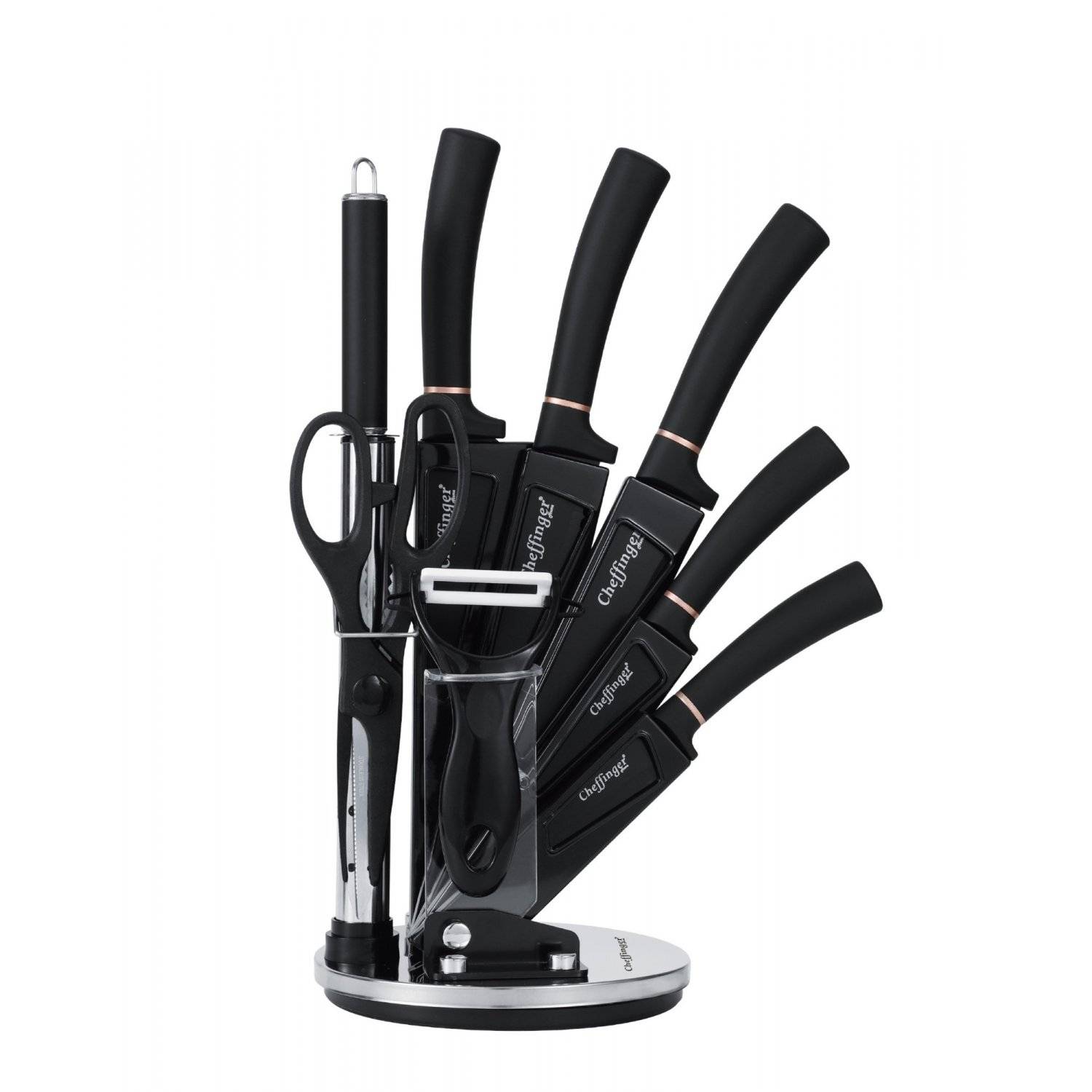9 tlg Messerset Kochmesser Messerständer drehbar aus Edelstahl Set in Schwarz