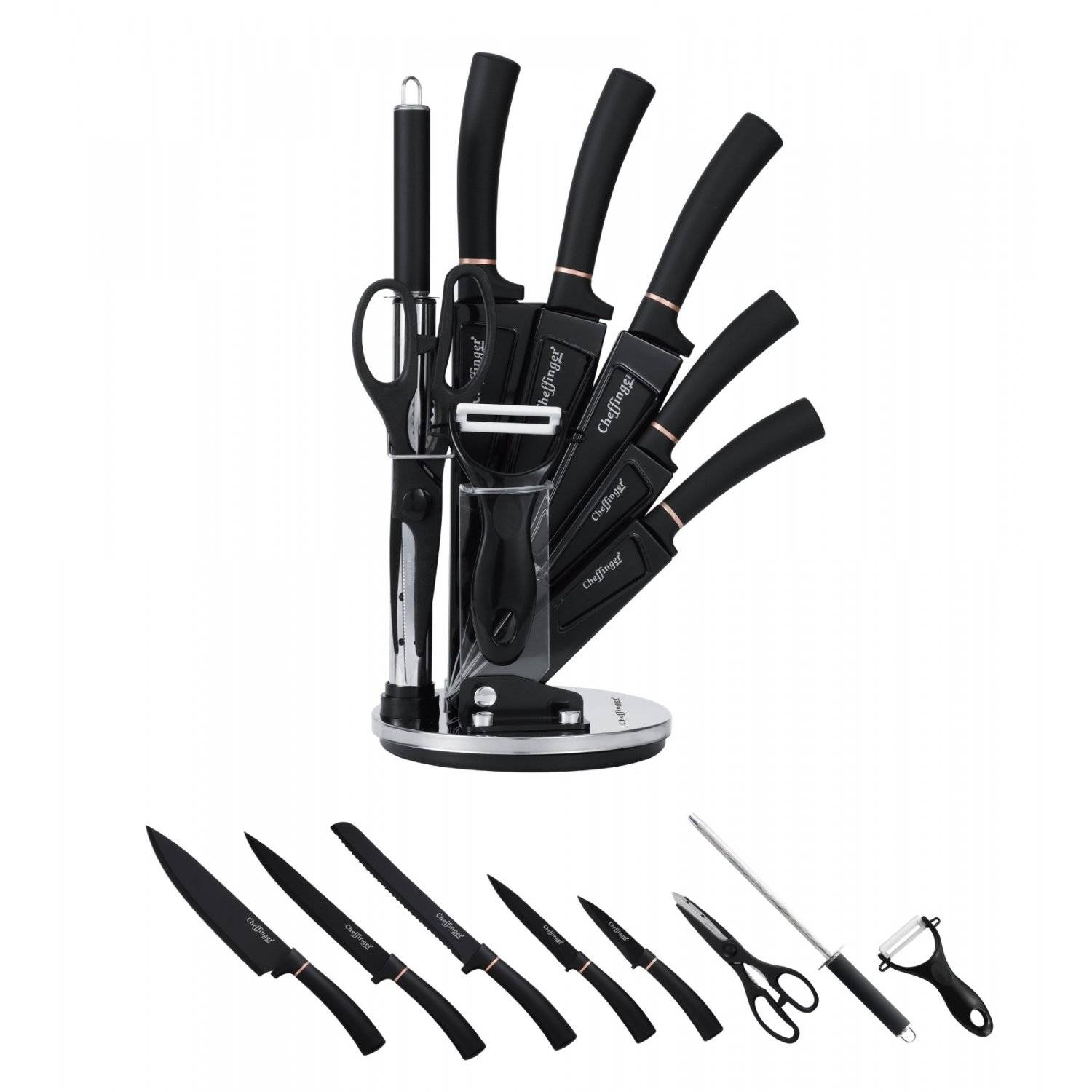 9 tlg Messerset Kochmesser Messerständer drehbar aus Edelstahl Set in Schwarz