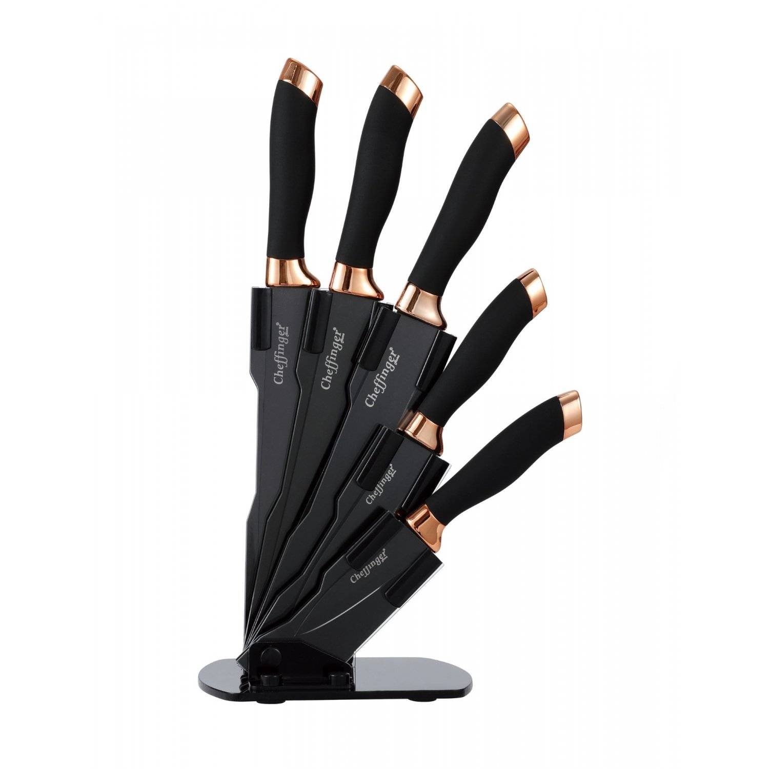 6 tlg. Messerset Kochmesser Messerständer drehbar Messerblock Schwarz-Gold