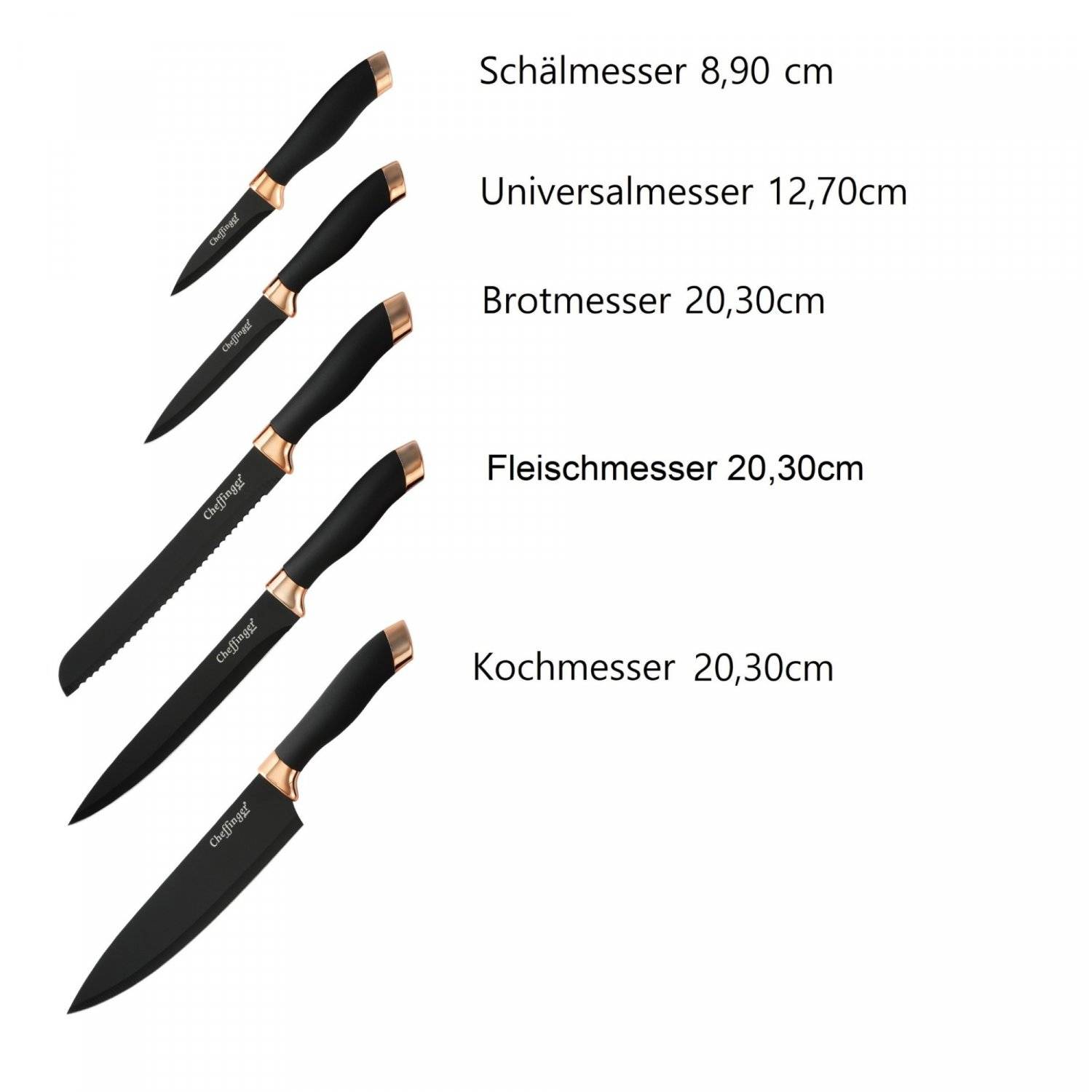 6 tlg. Messerset Kochmesser Messerständer drehbar Messerblock Schwarz-Gold