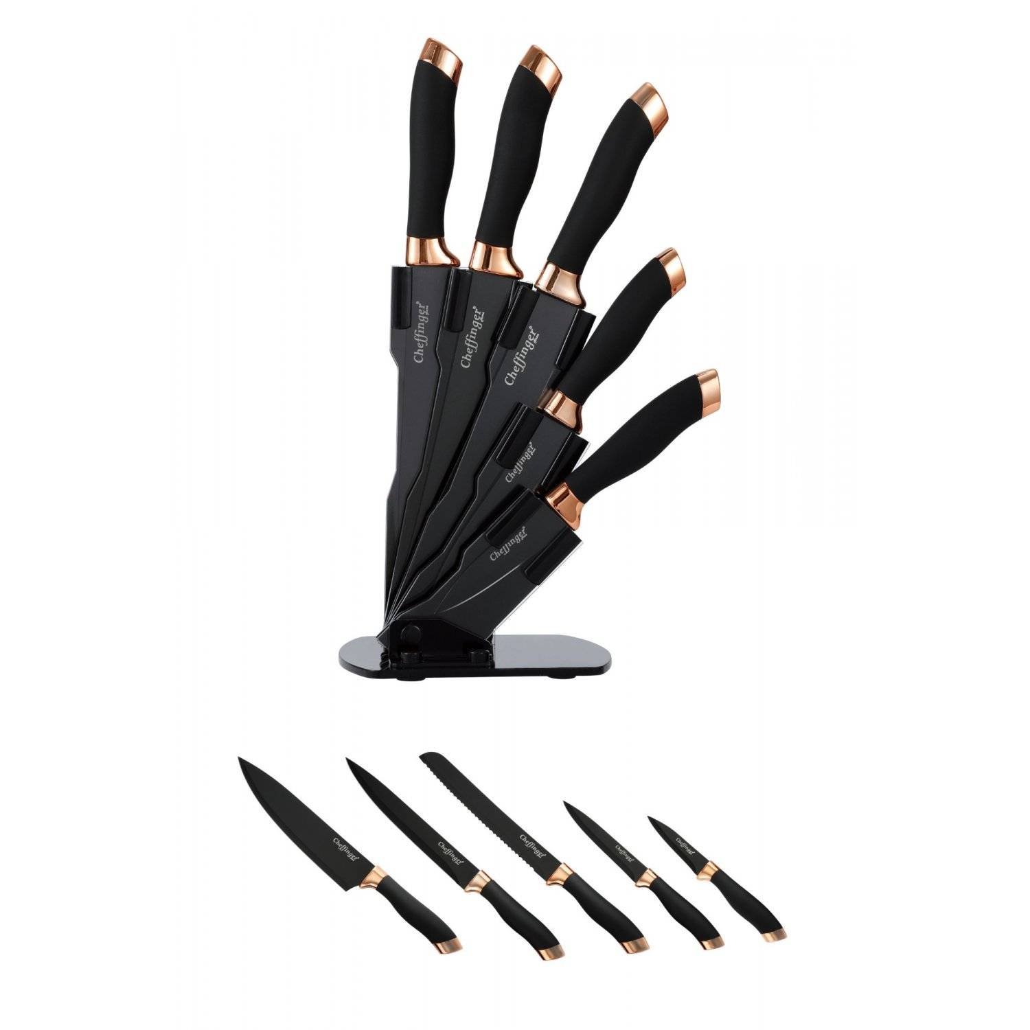 6 tlg. Messerset Kochmesser Messerständer drehbar Messerblock Schwarz-Gold