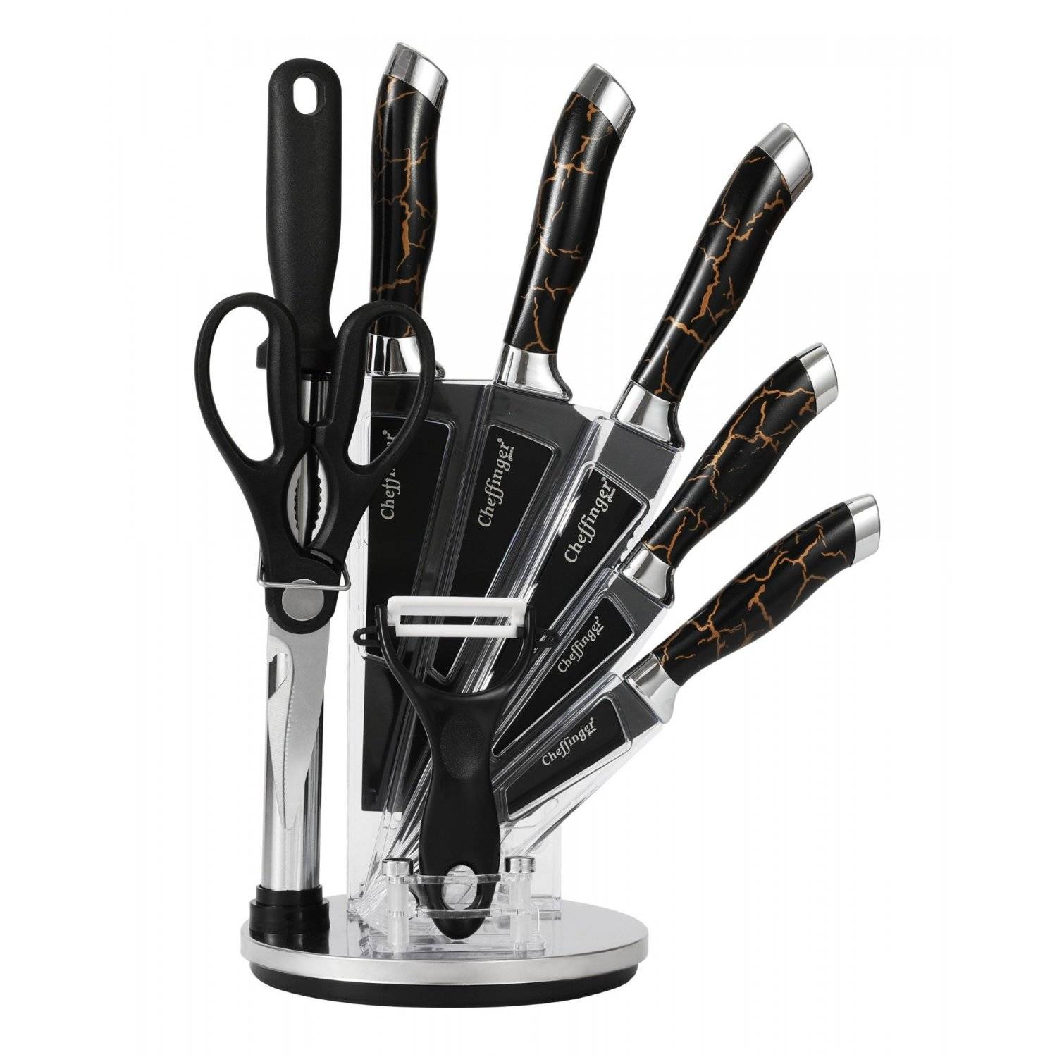 9 tlg Messerset Kochmesser Messerständer drehbar Edelstahl Messer Marmordesign