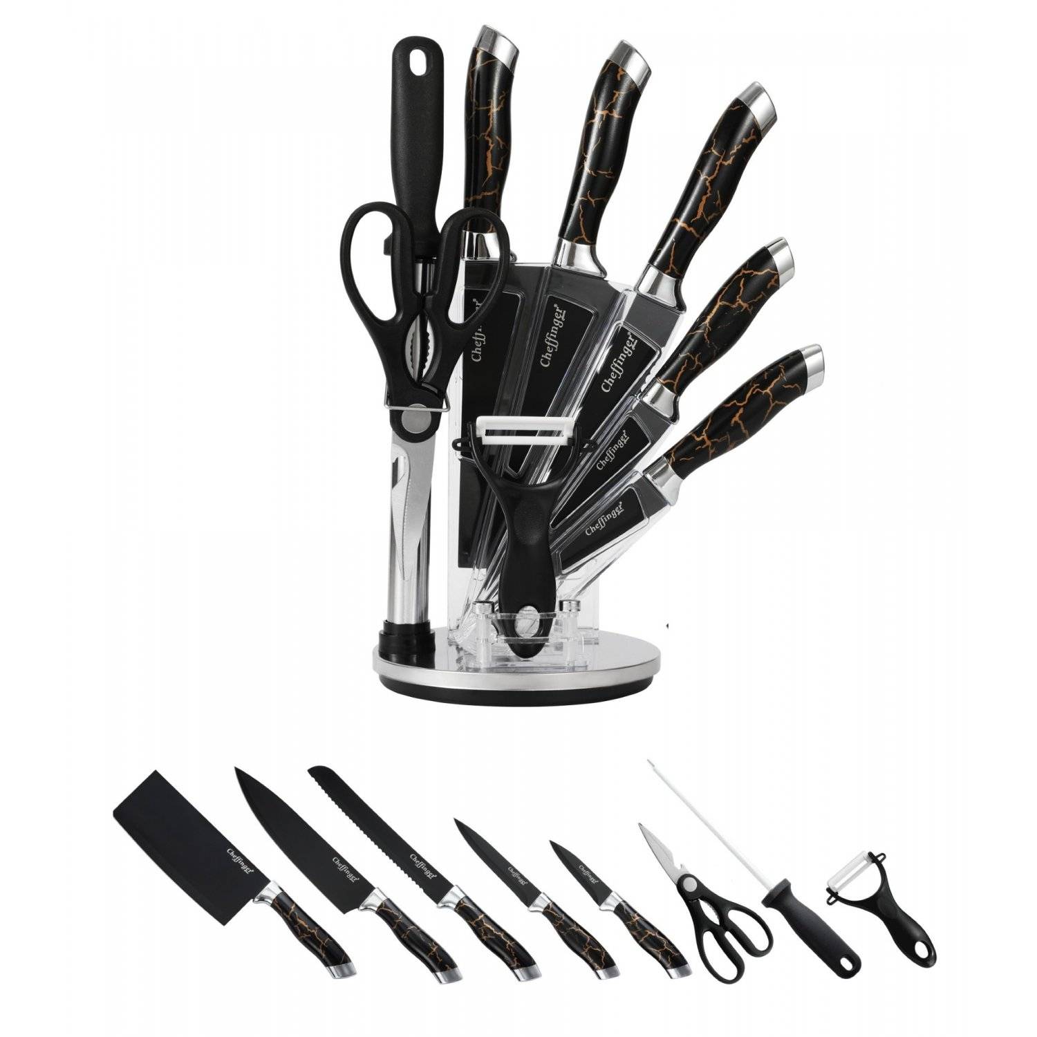 9 tlg Messerset Kochmesser Messerständer drehbar Edelstahl Messer Marmordesign