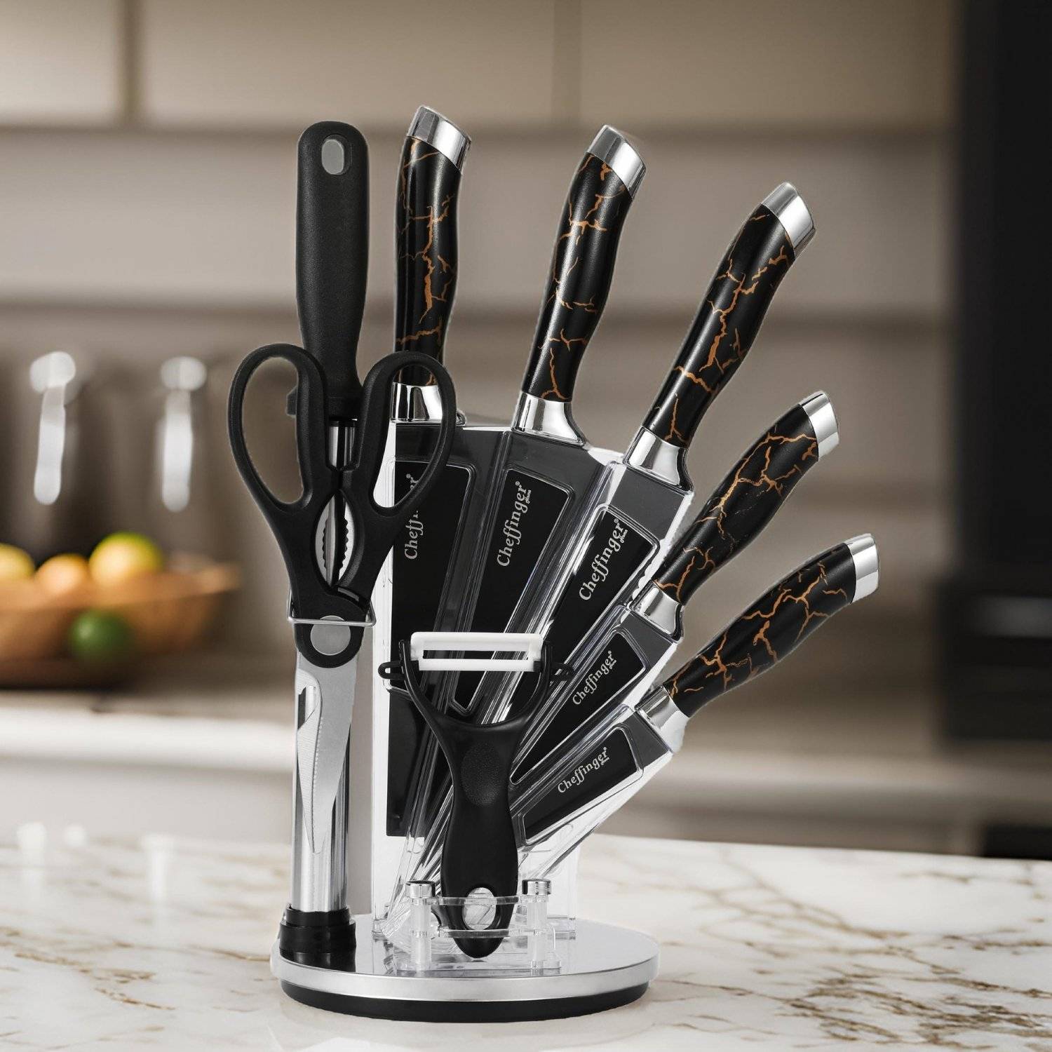 9 tlg Messerset Kochmesser Messerständer drehbar Edelstahl Messer Marmordesign