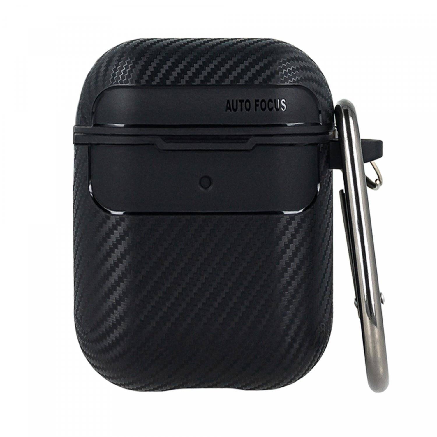 Kopfhörerhülle Carbon Etui kompatibel mit AirPods 2 mit Karabineranhänger Schwarz