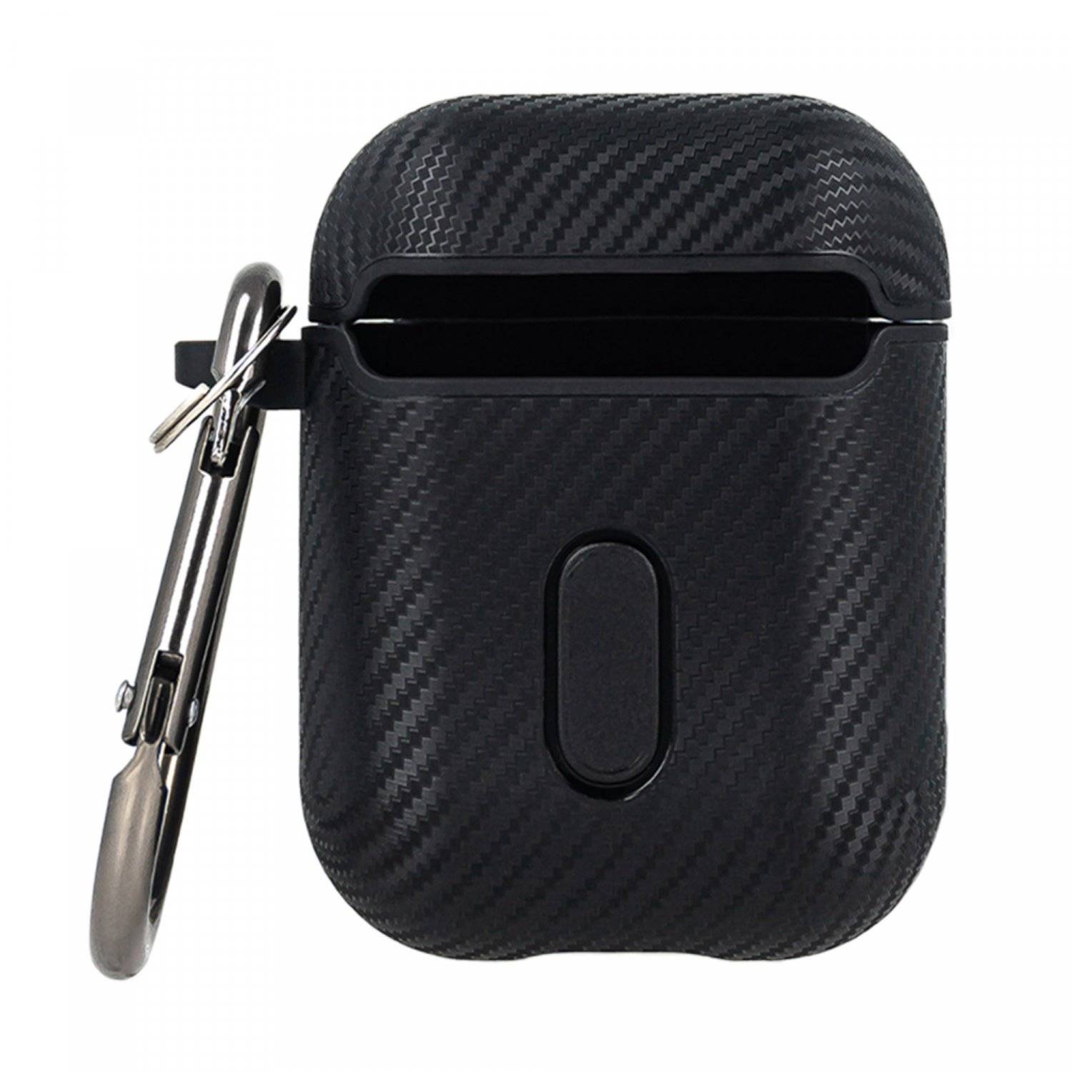 Kopfhörerhülle Carbon Etui kompatibel mit AirPods 2 mit Karabineranhänger Schwarz