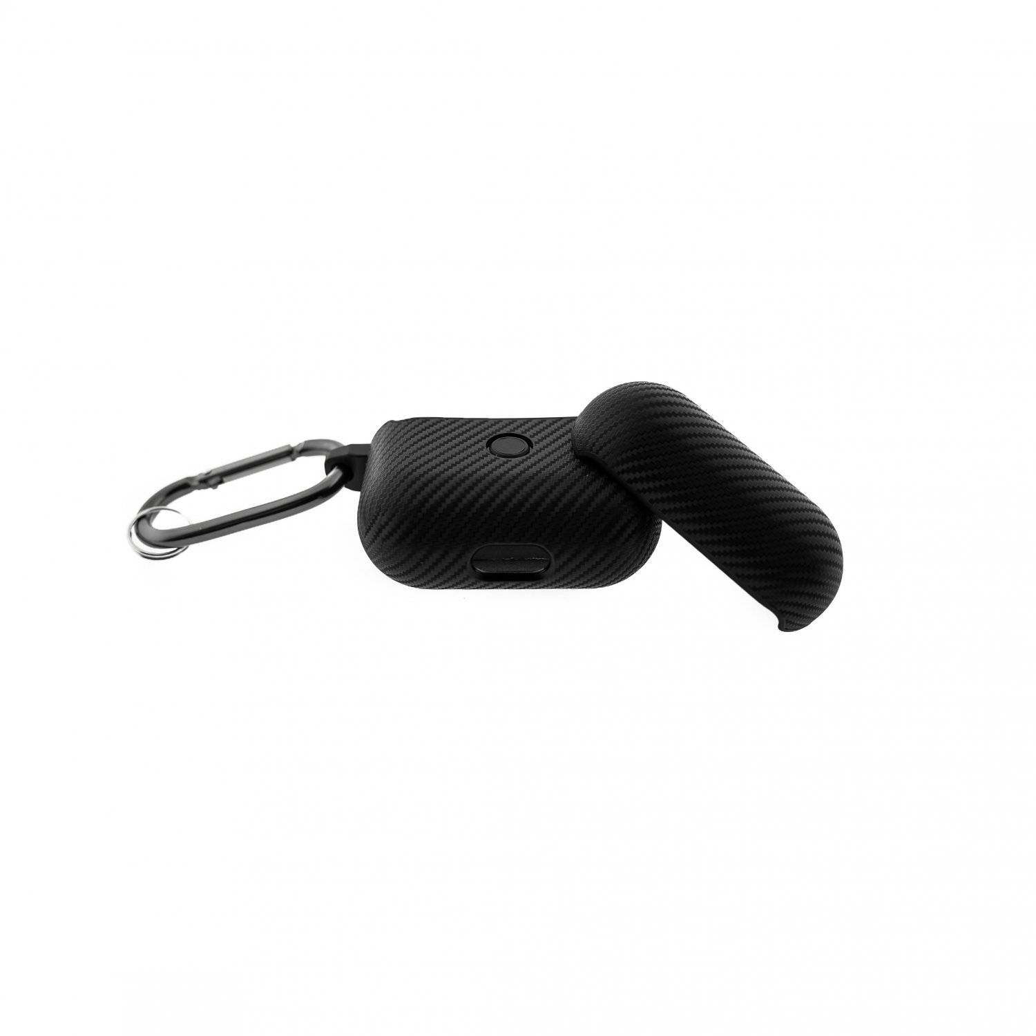 Kopfhörerhülle Carbon Etui komaptibel mit AirPods Pro mit Karabineranhänger Schwarz
