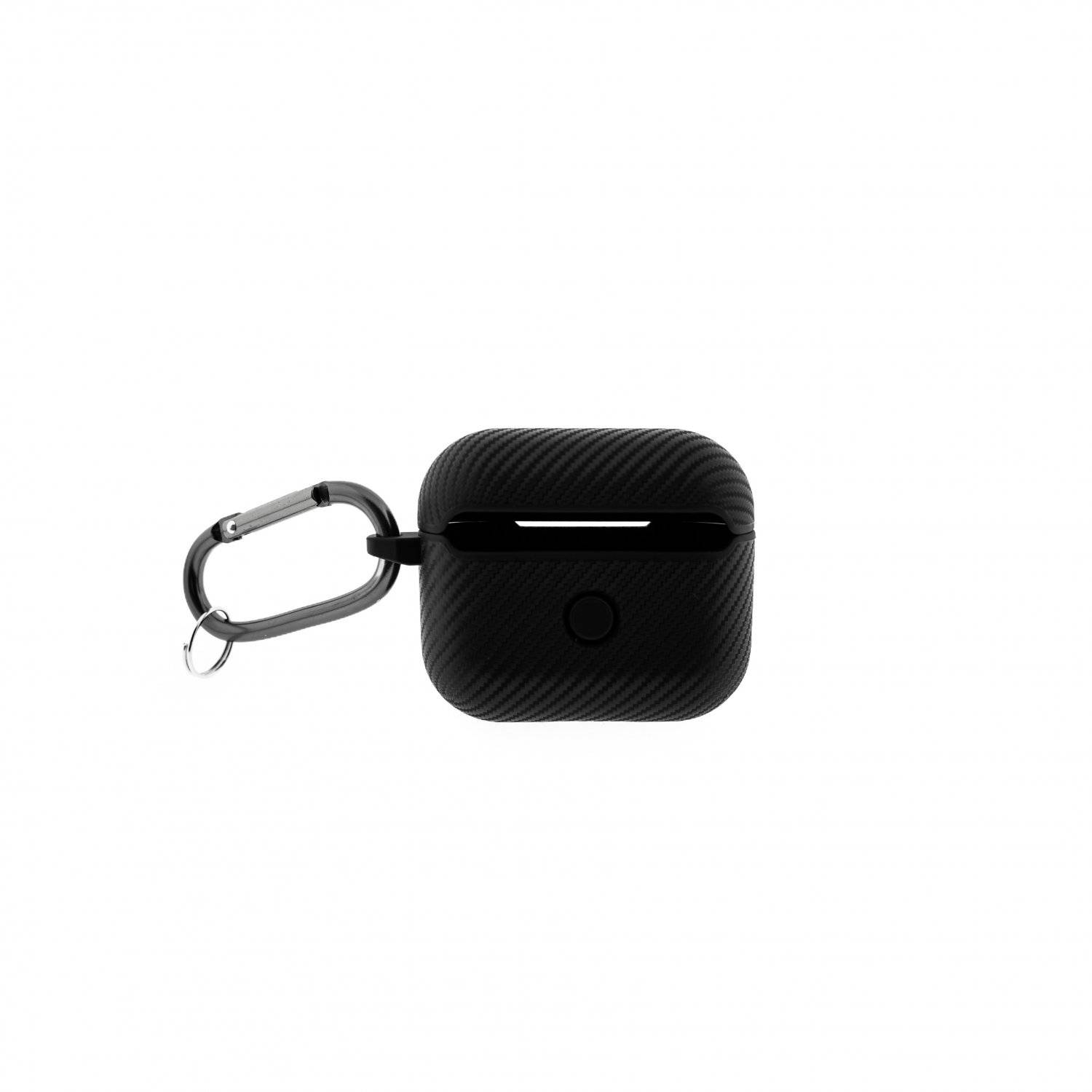 Kopfhörerhülle Carbon Etui komaptibel mit AirPods Pro mit Karabineranhänger Schwarz