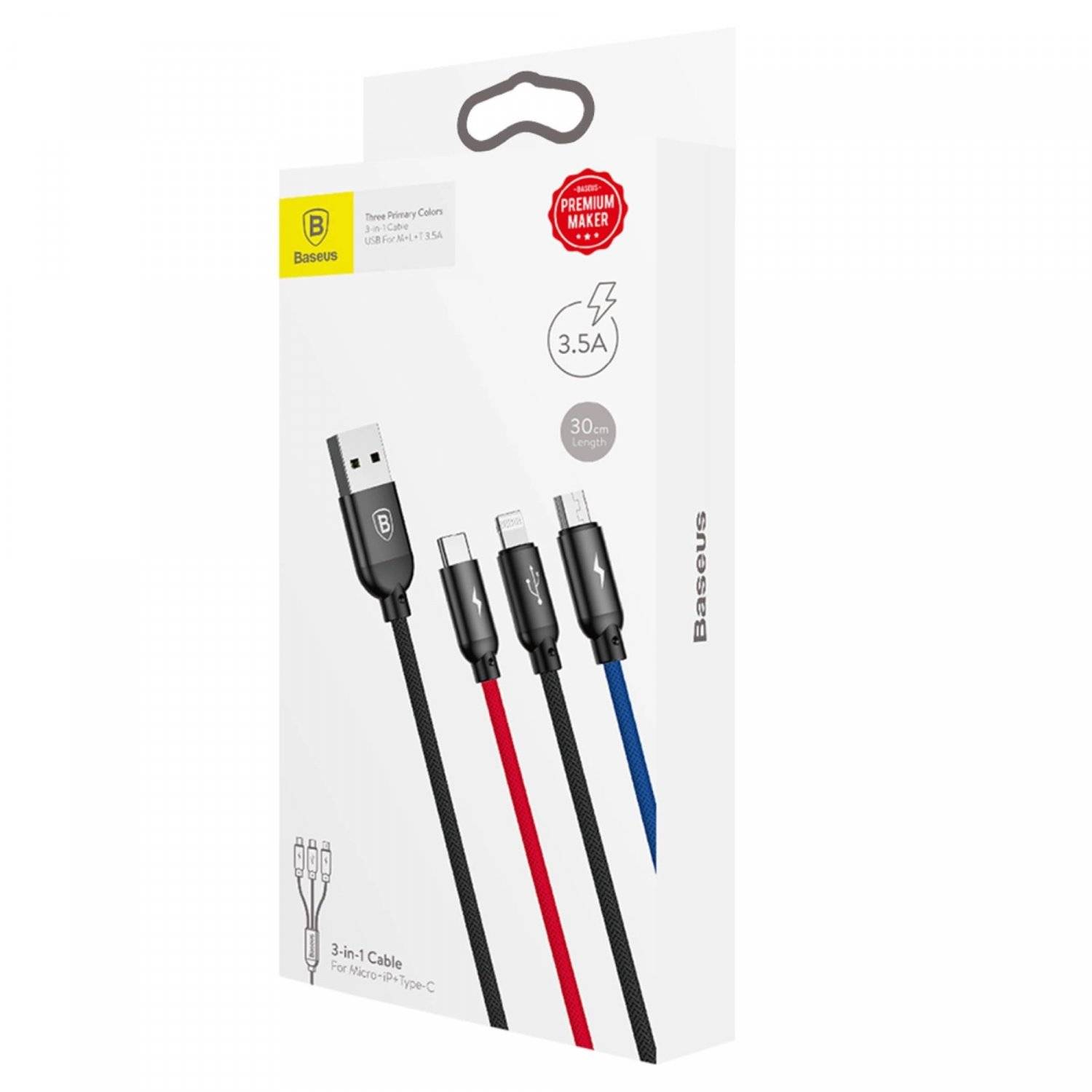 Baseus 3in1 USB-A kompatibel mit iPhone, USB-C, microUSB 3,5 A Kabel 0,3 m – Schwarz