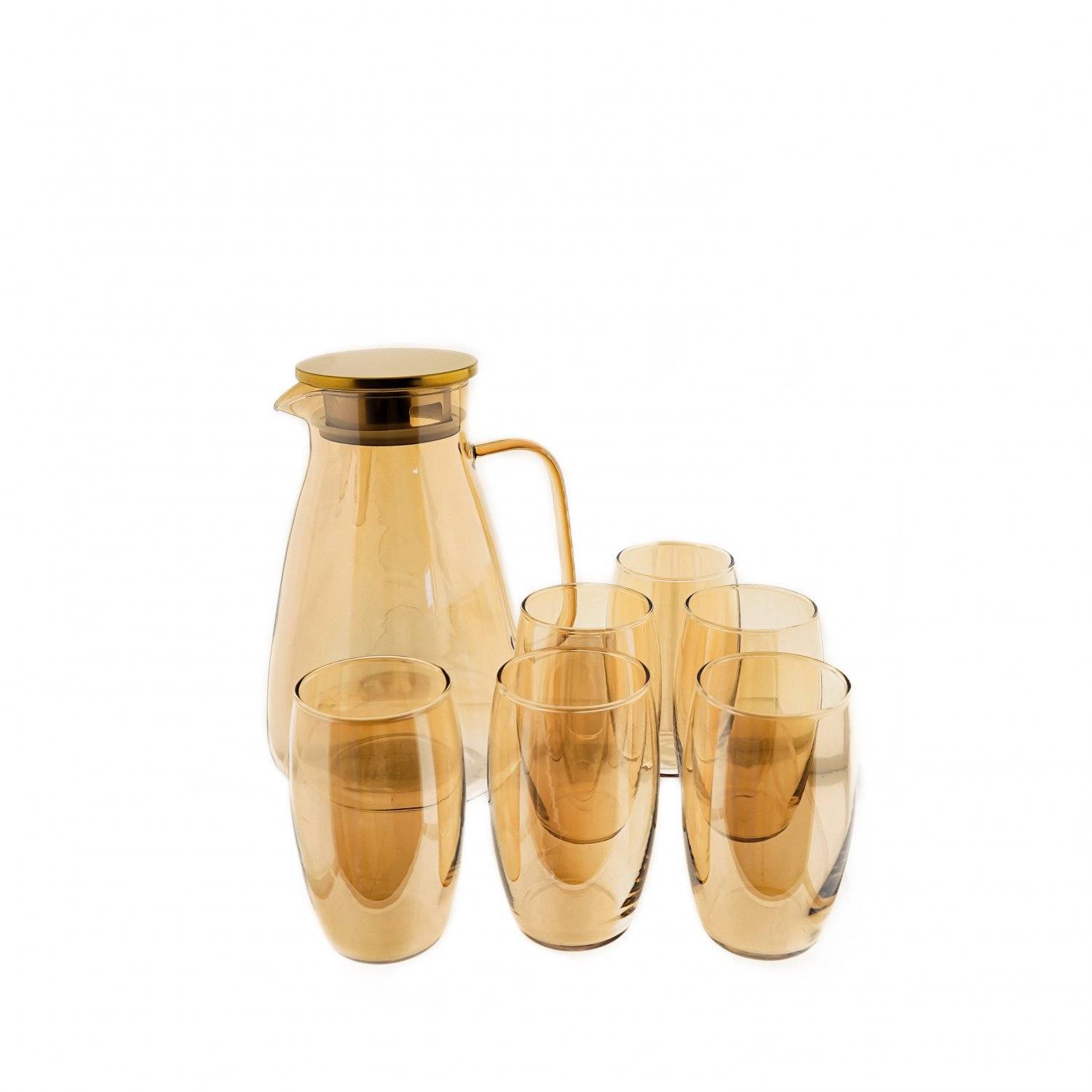 7 teiliges Karaffen-Set, 1x Karaffe 1,95L, 6x Gläser 330 ml Wasserkrug in Gold