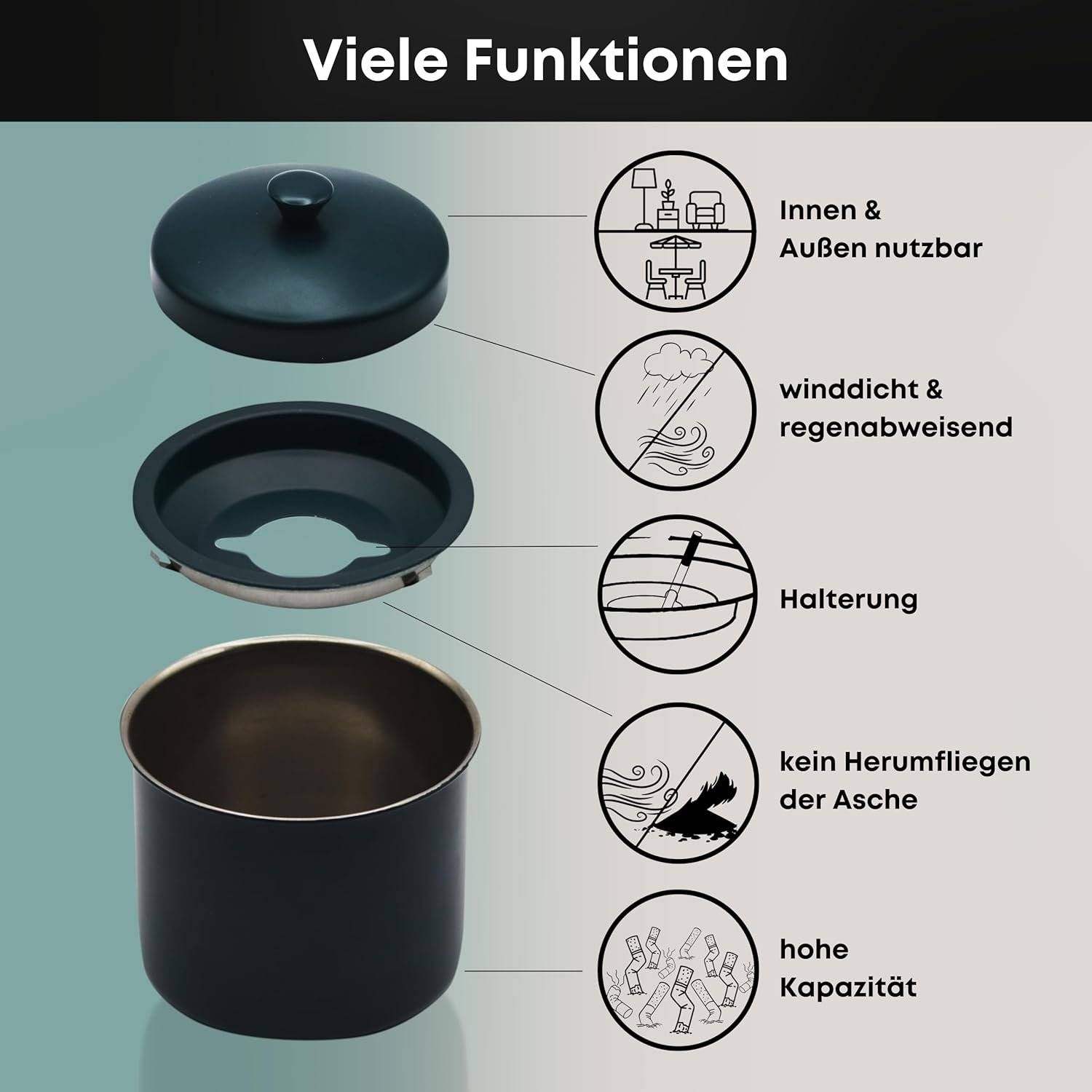 Aschenbecher mit Deckel für draussen & drinnen Aus feuerfestem Edelstahl für Zuhause, Gastronomie, Büro, Outdoor