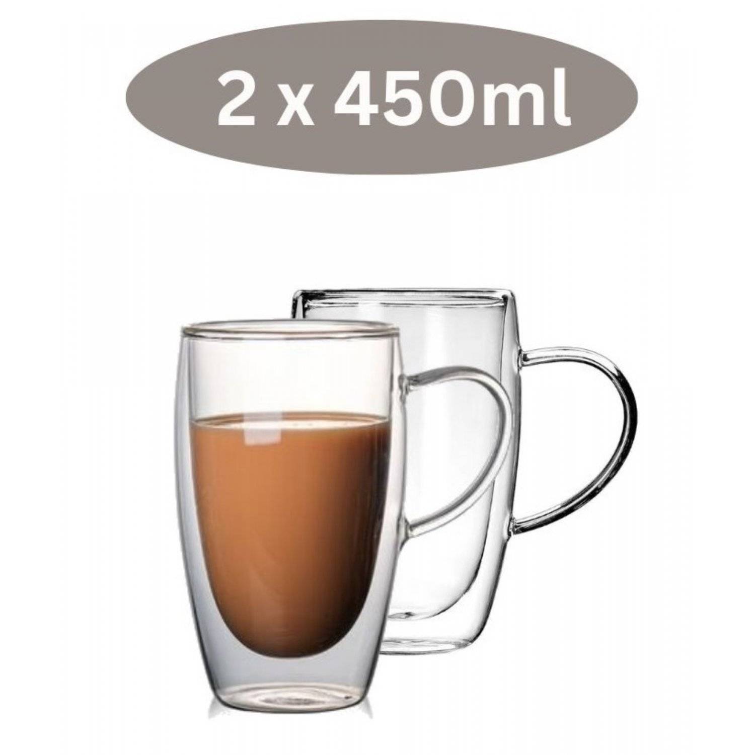 2er Gläser Set Doppelwandige Gläser mit Henkel Teegläser Thermogläser 450 ml