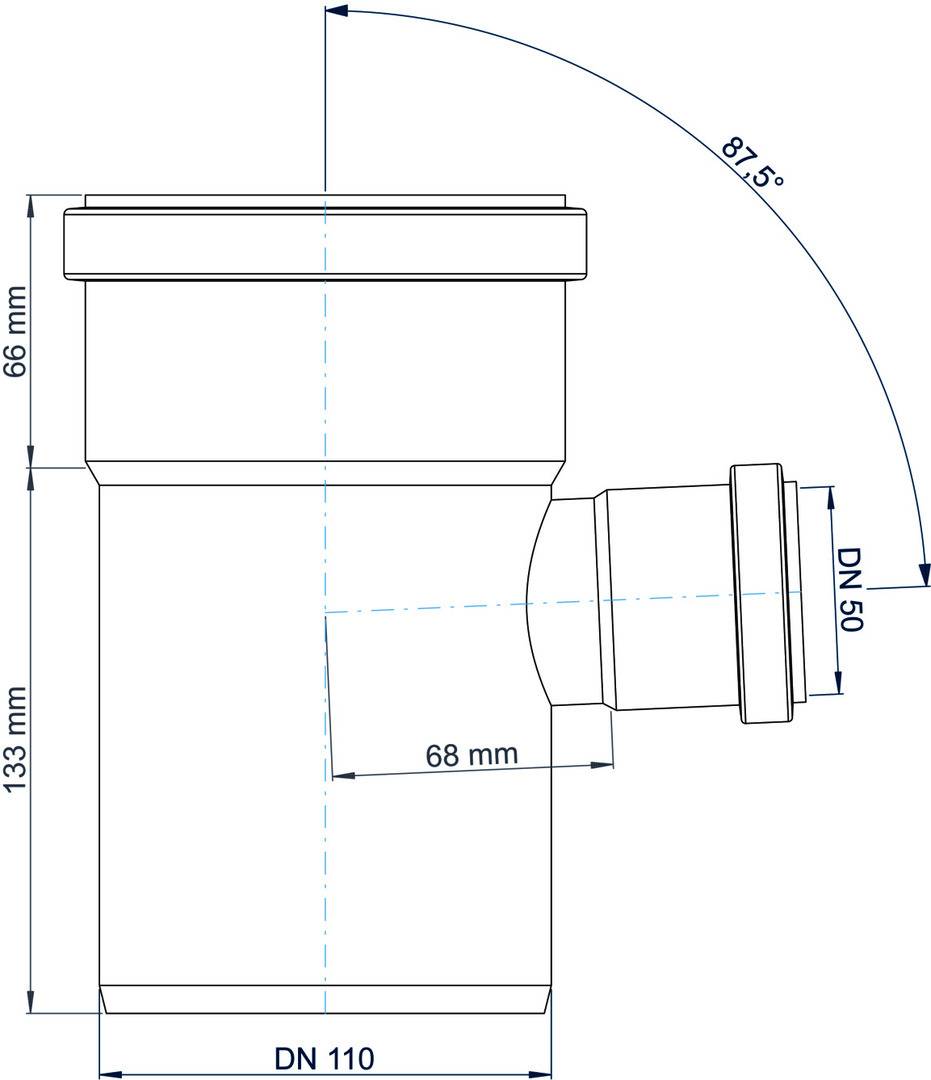 Technische Zeichnung einer Rohrverschraubung mit Abmessungen: Hauptkörper DN 110, Seitenauslass DN 50, 87,5° Biegung und Messwerte von 66 mm, 133 mm und 68 mm.