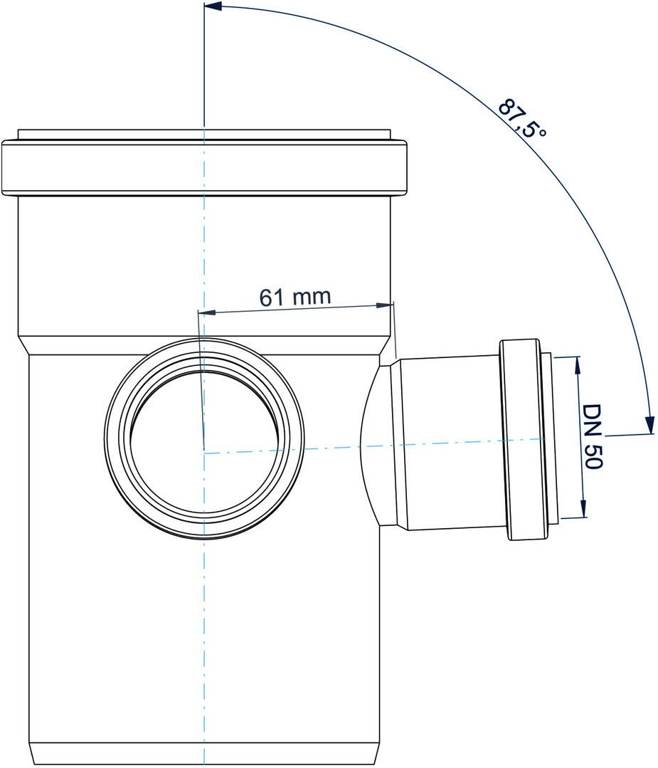 Technische Zeichnung einer Rohrverbindung mit Seitenauslass, mit einer Breite von 61 mm, DN 50-Anschluss und einem Winkel von 87,5°.