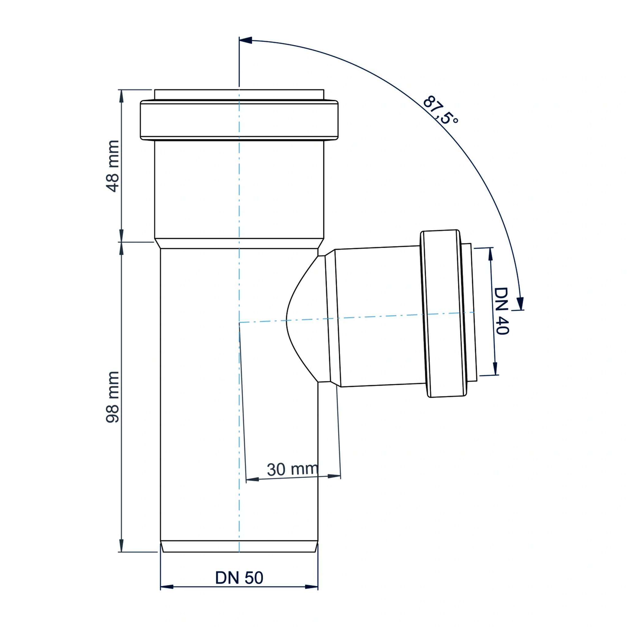 Technisches Diagramm einer Rohrbefestigung mit Abmessungen: 48 mm Oberteil, 98 mm Gehäuse, 30 mm Versatz, DN 50 Hauptauslass, DN 40 Seitenauslass und 87,5° Winkel.