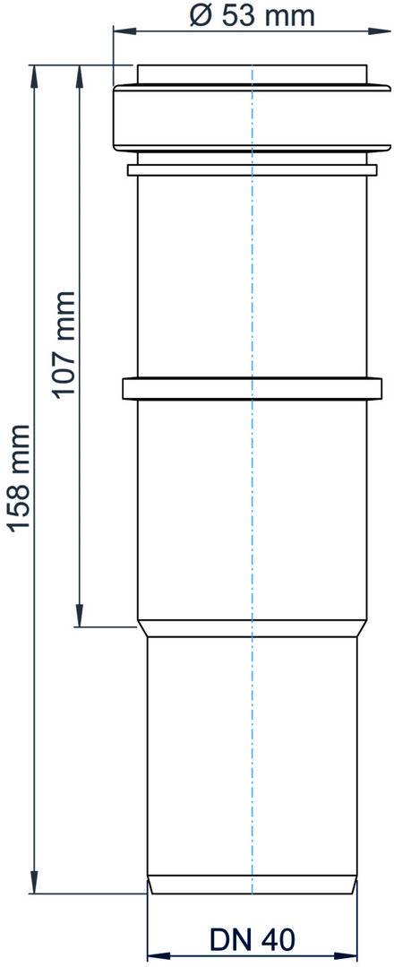 Technische Linienzeichnung eines zylindrischen Bauteils mit Abmessungen: 158 mm Gesamthöhe, 107 mm Körperhöhe, 53 mm oberer Durchmesser und DN 40 unterer Durchmesser.