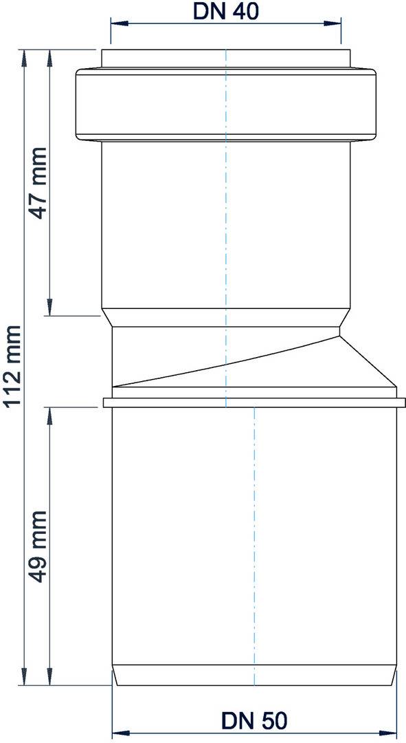 Technische Zeichnung eines Rohrleitungsadapters mit beschrifteten Abmessungen: DN 40 oben, DN 50 unten, und Höhenmessungen von 47 mm, 112 mm und 49 mm.