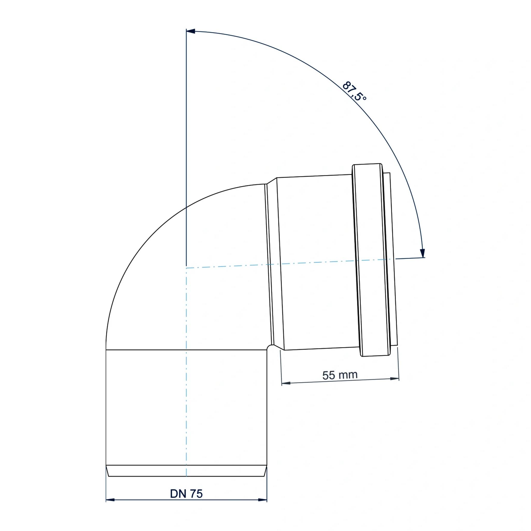 Technisches Diagramm einer 90-Grad-Rohrbogenfitting mit Bezeichnung DN 75, mit einem 55-mm-Abschnitt und einem 87,5°-Winkel.