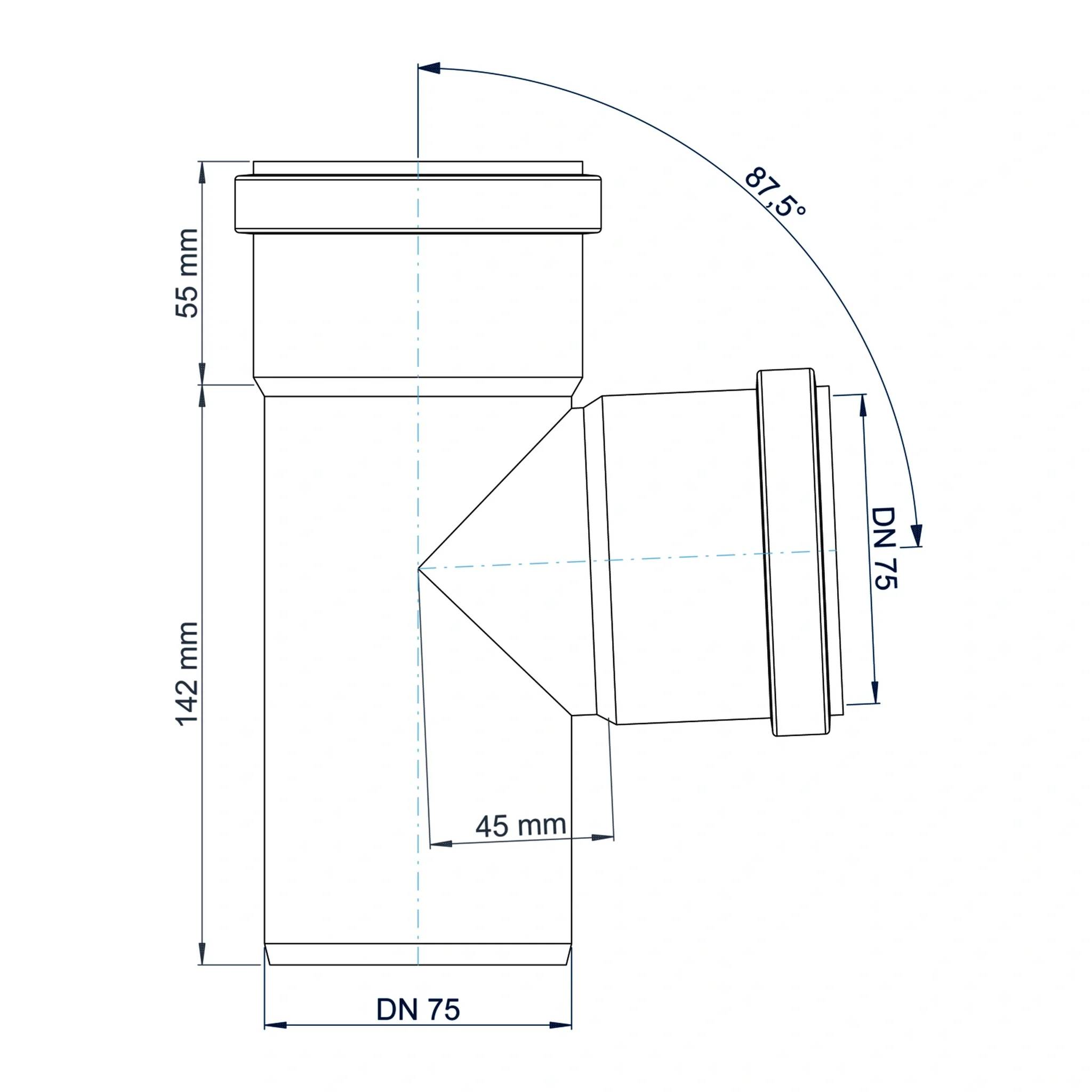 Technische Zeichnung einer DN 75 Rohrarmatur mit Abzweigung im Winkel von 87,5°, mit den Abmessungen 55 mm, 142 mm und 45 mm.