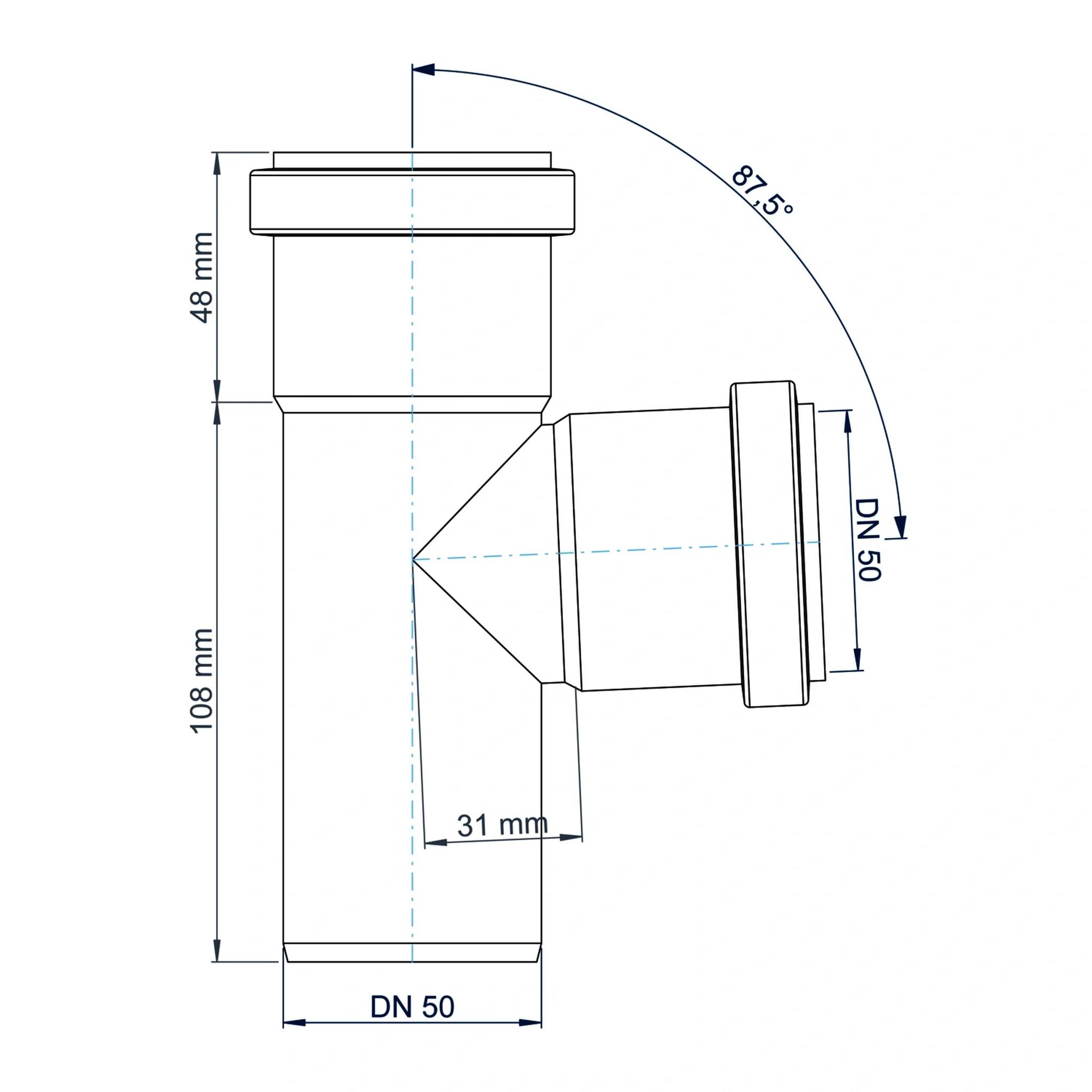 Technisches Diagramm einer DN 50-Rohrarmatur mit Seitenzweig bei 87,5°, mit den Abmessungen 48 mm, 108 mm und 31 mm.