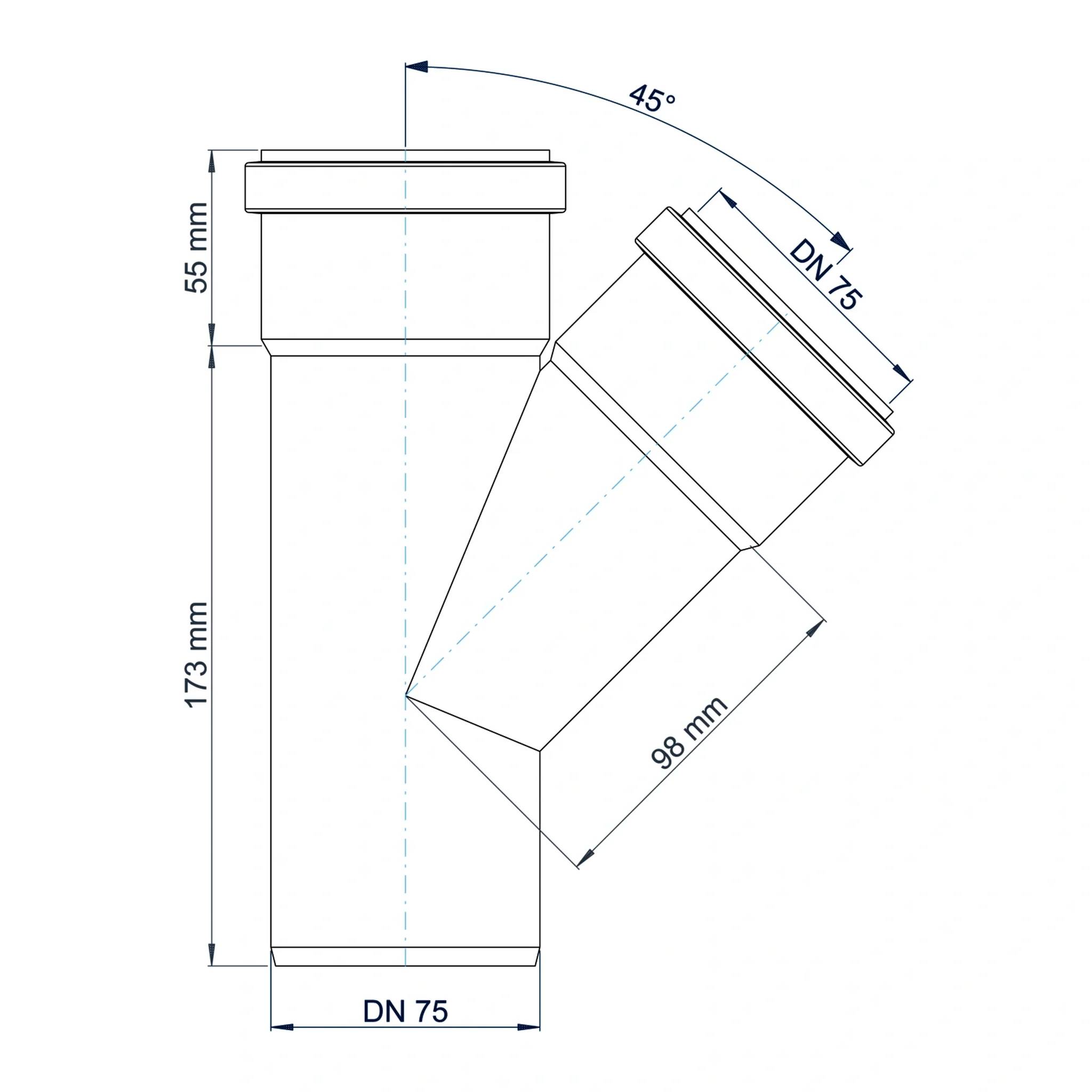 Technisches Schaubild einer DN 75 Rohrverbindung mit einem 45° abgewinkeltem Abzweig, mit den Abmessungen 173 mm, 55 mm und 98 mm.