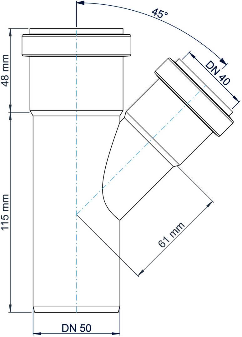Technisches Diagramm einer DN 50-Rohrarmatur mit einem 45°-Abzweig DN 40, mit Gesamtabmessungen von 115 mm, 48 mm und 61 mm.