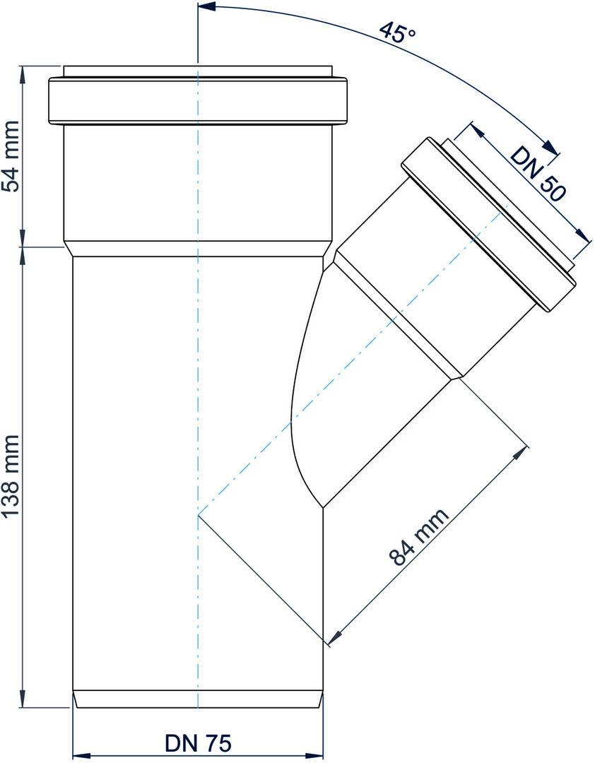 Technisches Diagramm einer Y-förmigen Rohrarmatur mit Abmessungen: DN 75 Hauptrohr, DN 50 Abzweigung in 45°-Winkel, 138 mm Höhe, 54 mm oberer Bereich, 84 mm Abzweiglänge.