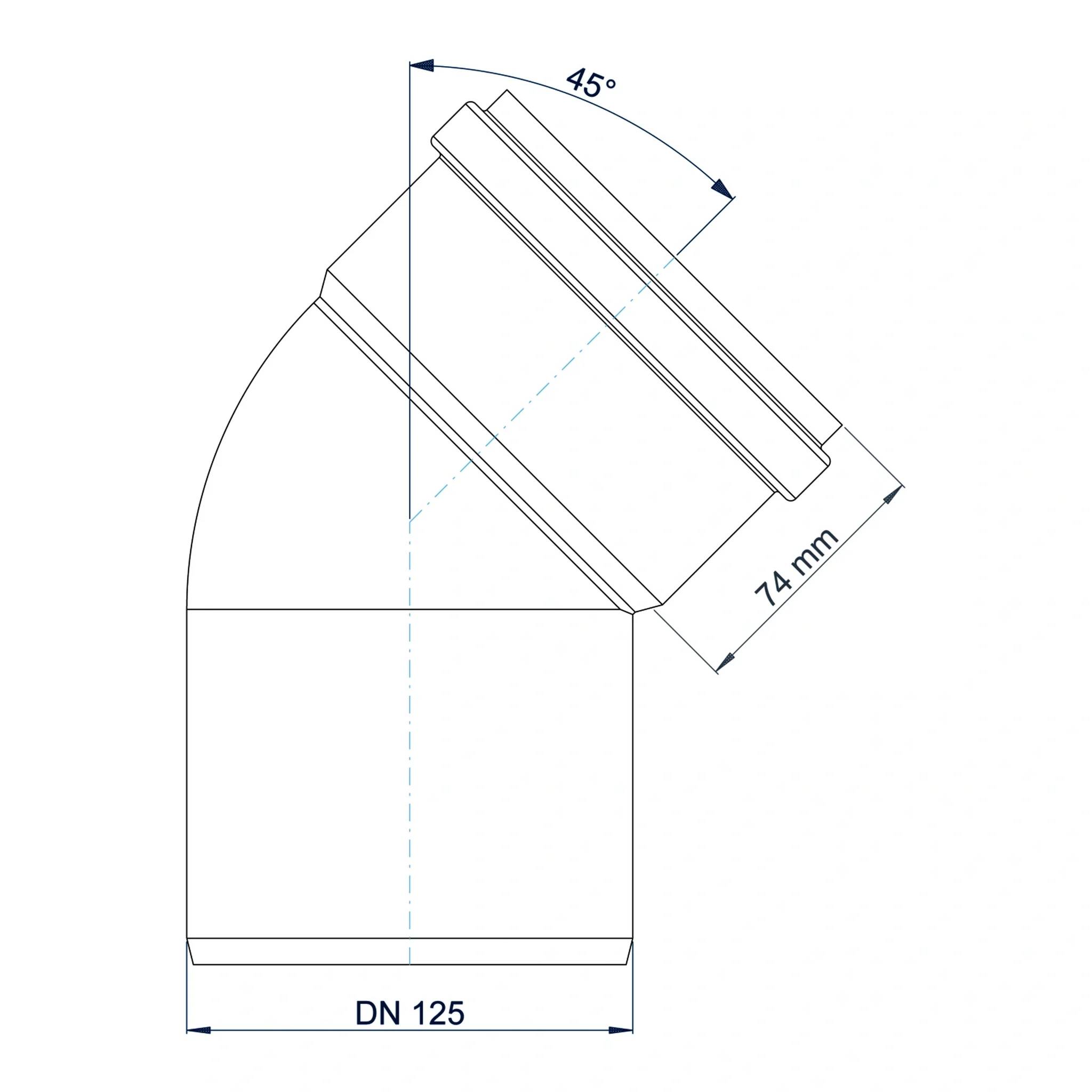 Technisches Diagramm eines DN 125 Rohrbogens mit einem 45°-Winkel und einer 74-mm-Abmessung mit Mittellinie und Schnittkontur.