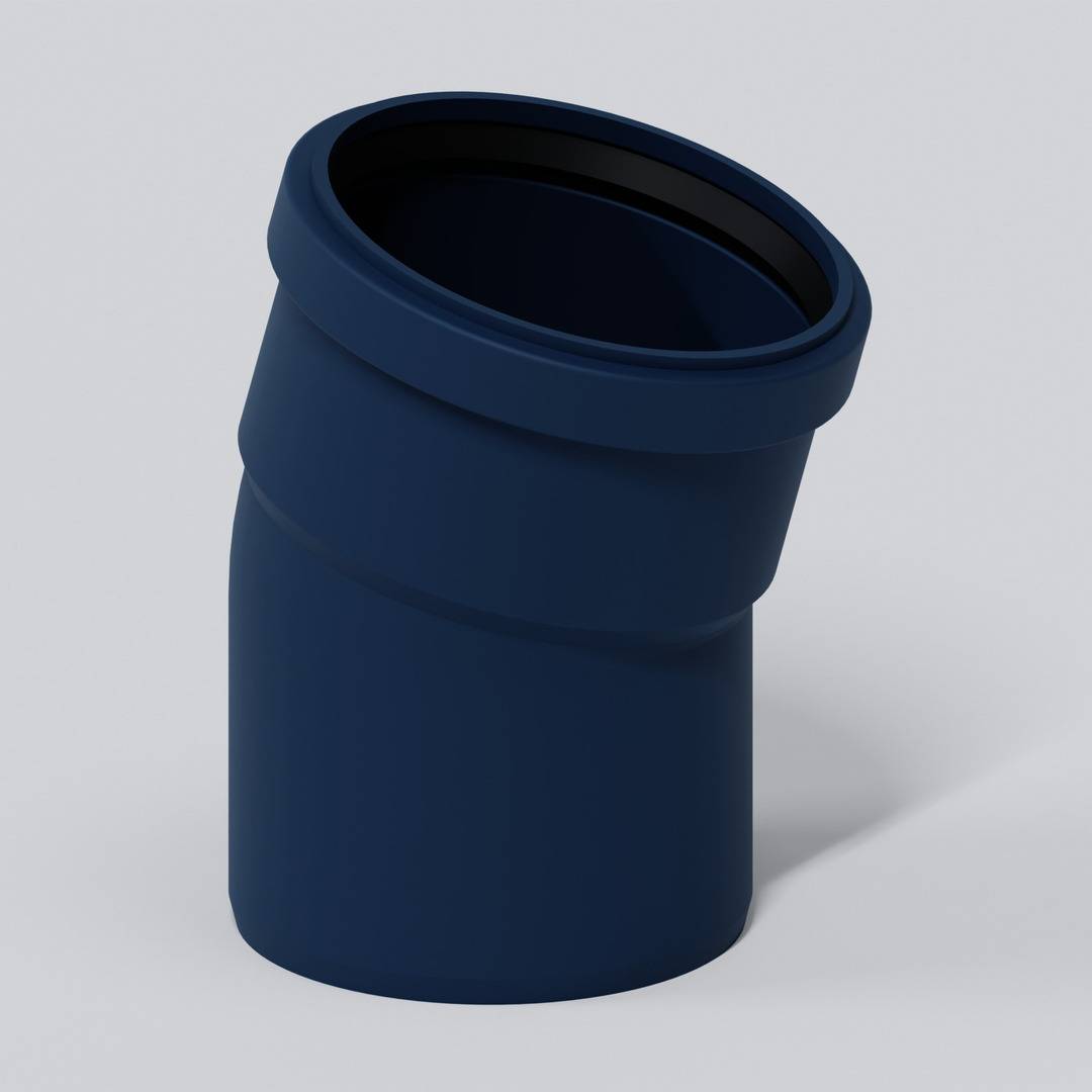 Blauer Kunststoffrohr-Fitting-Bogen-Verbinder auf hellgrauem Hintergrund gezeigt, abgewinkelt mit offener Oberseite und breiter Basis.