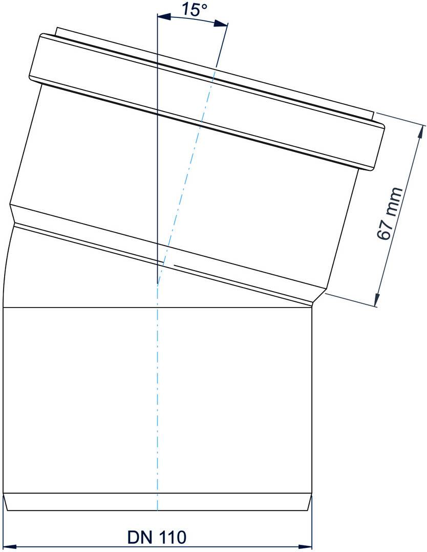Technische Zeichnung einer abgewinkelten Rohrverbindung mit Bezeichnung DN 110, die einen 15°-Versatz und eine Abmessung von 67 mm zeigt.