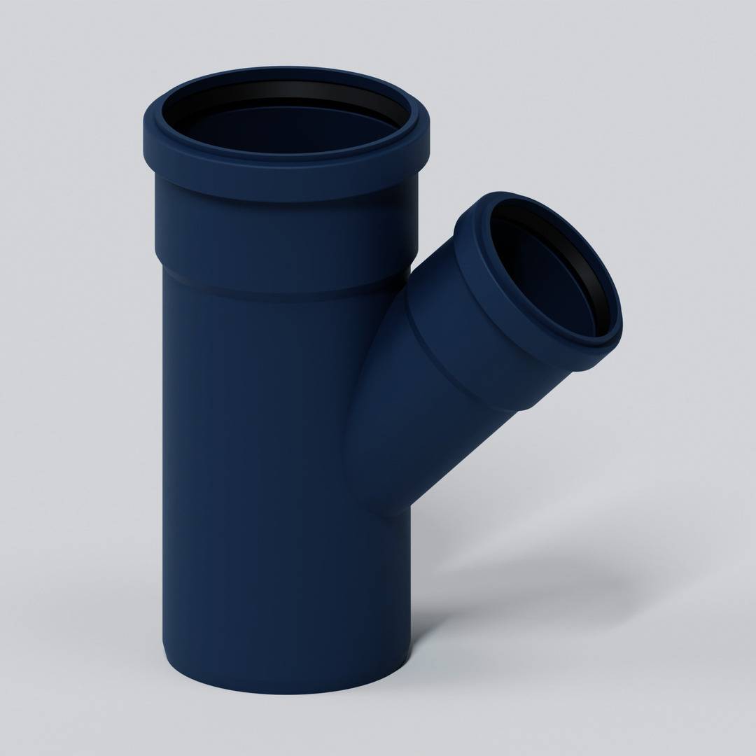 Dunkelblauer PVC-Y-Rohrverbinder mit einer vertikalen Öffnung und einem abgewinkelten Seitenzweig auf einfachem, hellem Hintergrund.