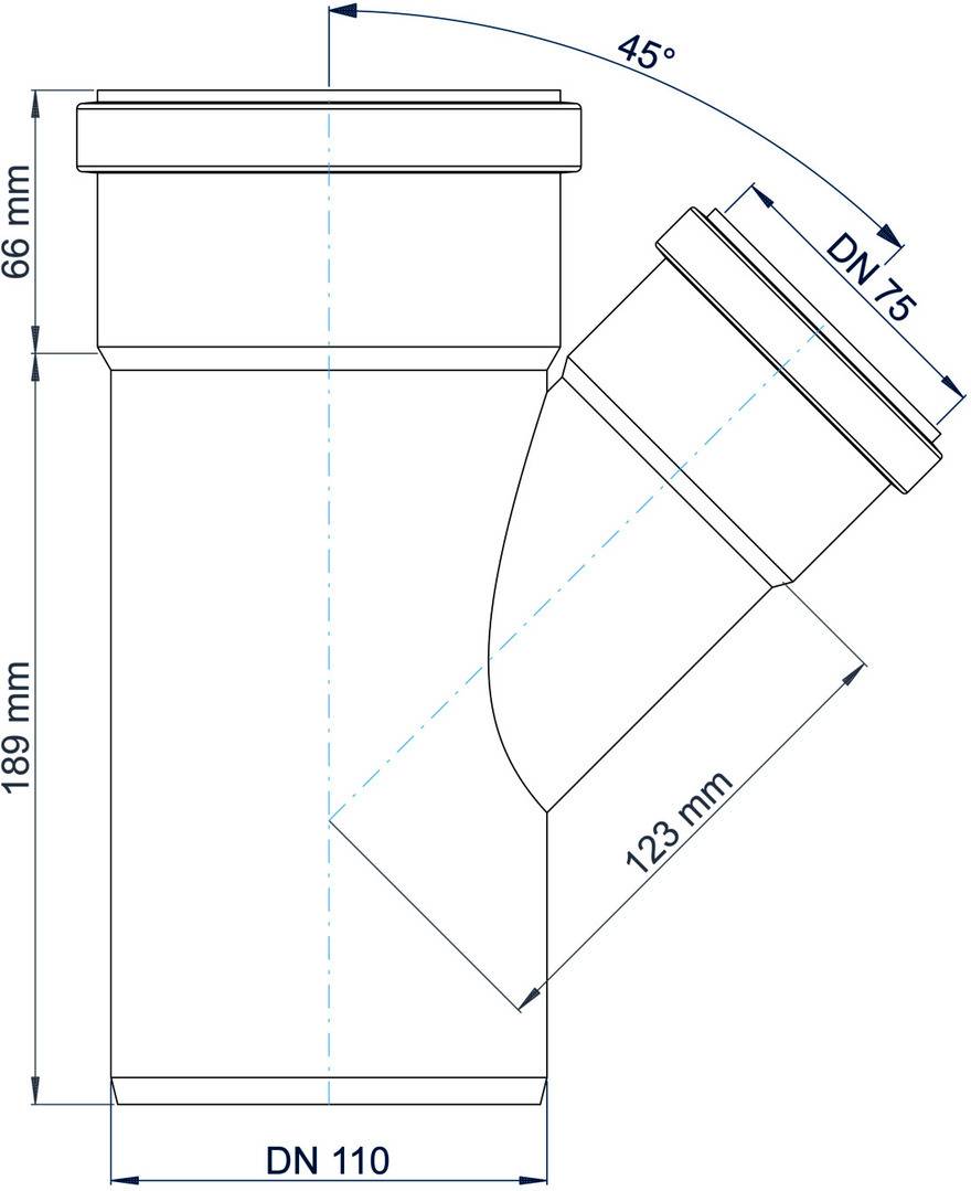 Technisches Diagramm einer Y-förmigen Rohrverschraubung, gekennzeichnet mit DN 110 und DN 75, mit einem 45°-Abzweig und den Abmessungen 66 mm, 189 mm und 123 mm.