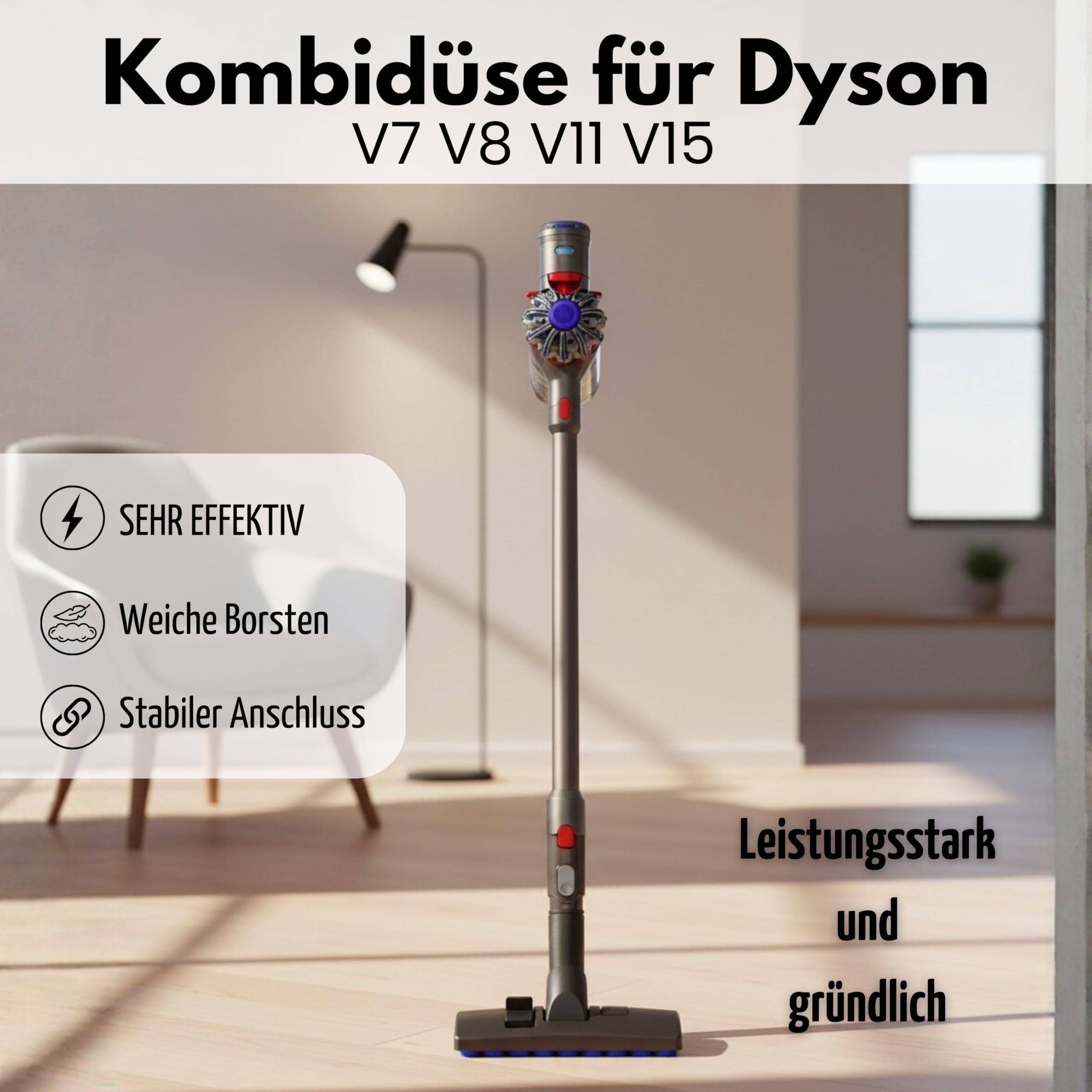 Ein Staubsauger steht aufrecht in einem modernen Raum mit Text auf Deutsch, der seine Kompatibilität und Eigenschaften hervorhebt, wie 'SEHR EFFEKTIV' und 'Weiche Borsten'.