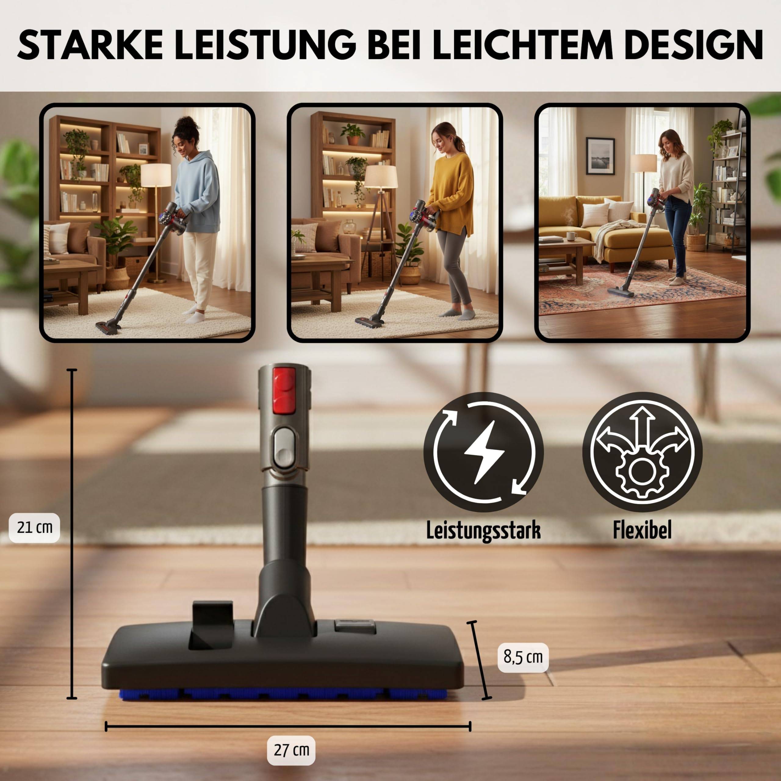 Die Abbildung wirbt für einen leichten Staubsauger, der drei Bilder von Menschen zeigt, die das Gerät benutzen und dabei seine kraftvolle und flexible Bauweise hervorhebt.