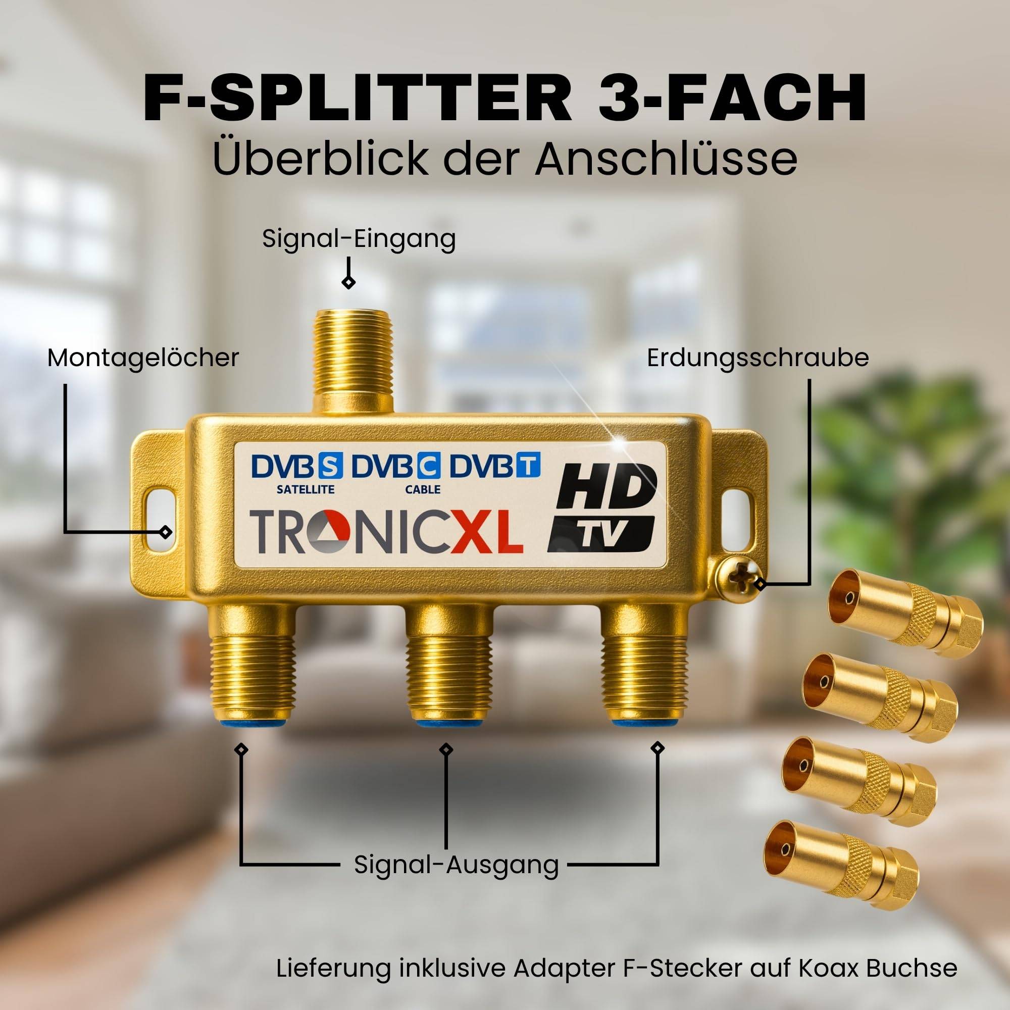 3-Fach Gold Koaxverteiler Antennenverteiler Verteiler Koax Buchse TV Splitter Adapter Ferseher Fernsehen Fernseh Verteiler