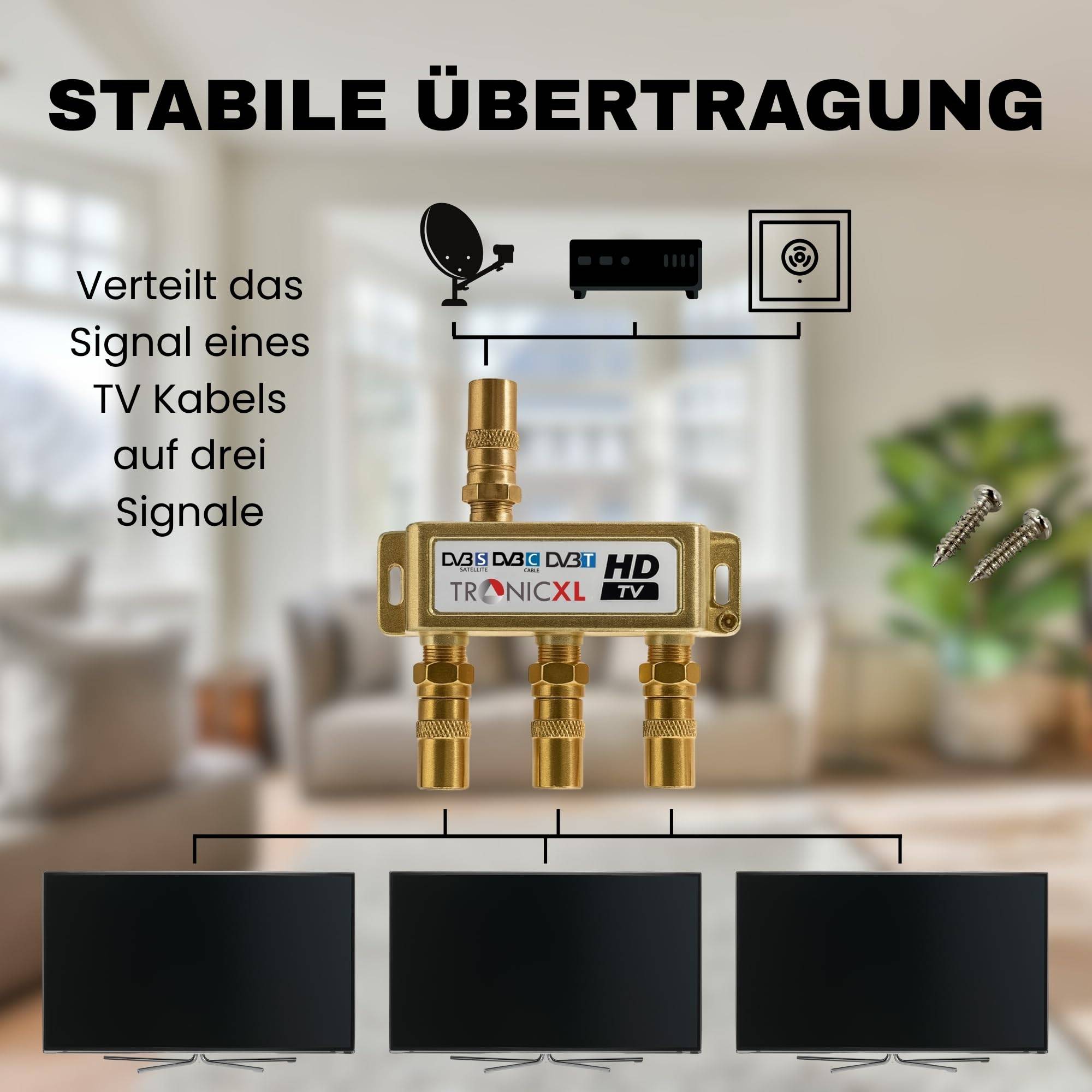 3-Fach Gold Koaxverteiler Antennenverteiler Verteiler Koax Buchse TV Splitter Adapter Ferseher Fernsehen Fernseh Verteiler