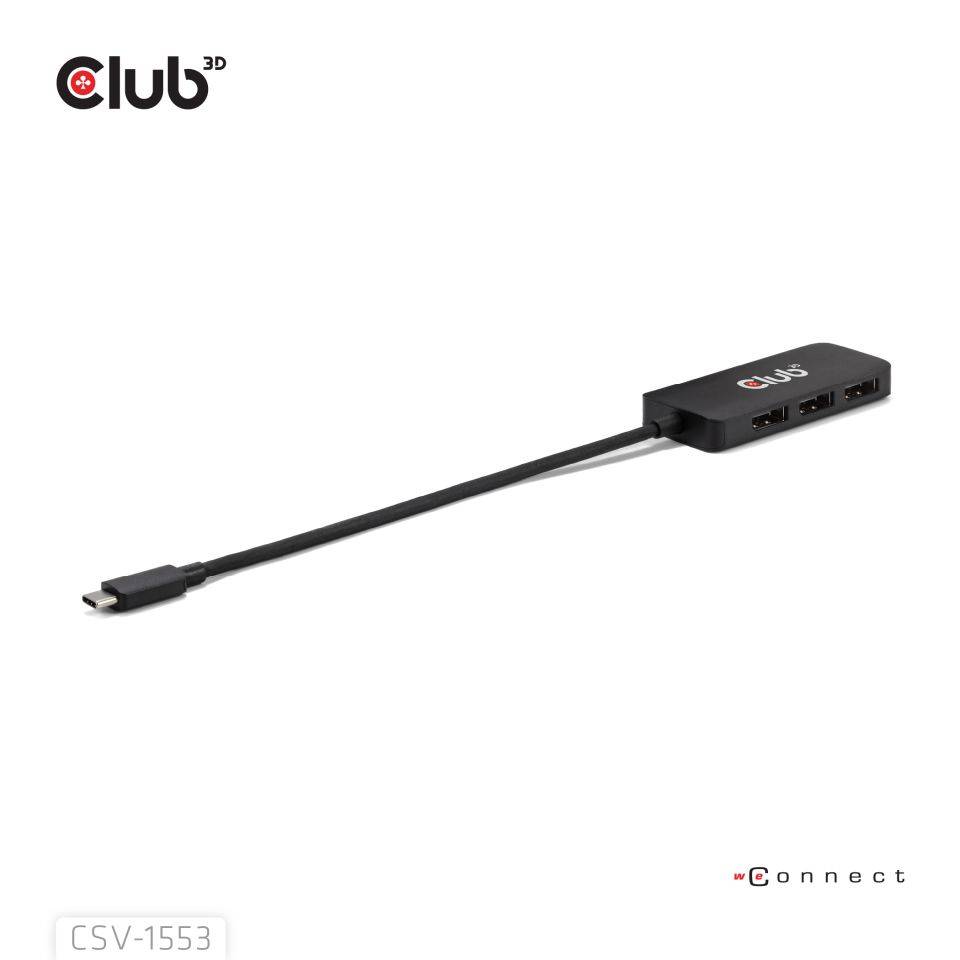 Club 3D USB-C Adapterkabel mit kleinem Hub, zeigt einen USB-C-Stecker und mehrere USB-Anschlüsse auf weißem Hintergrund.