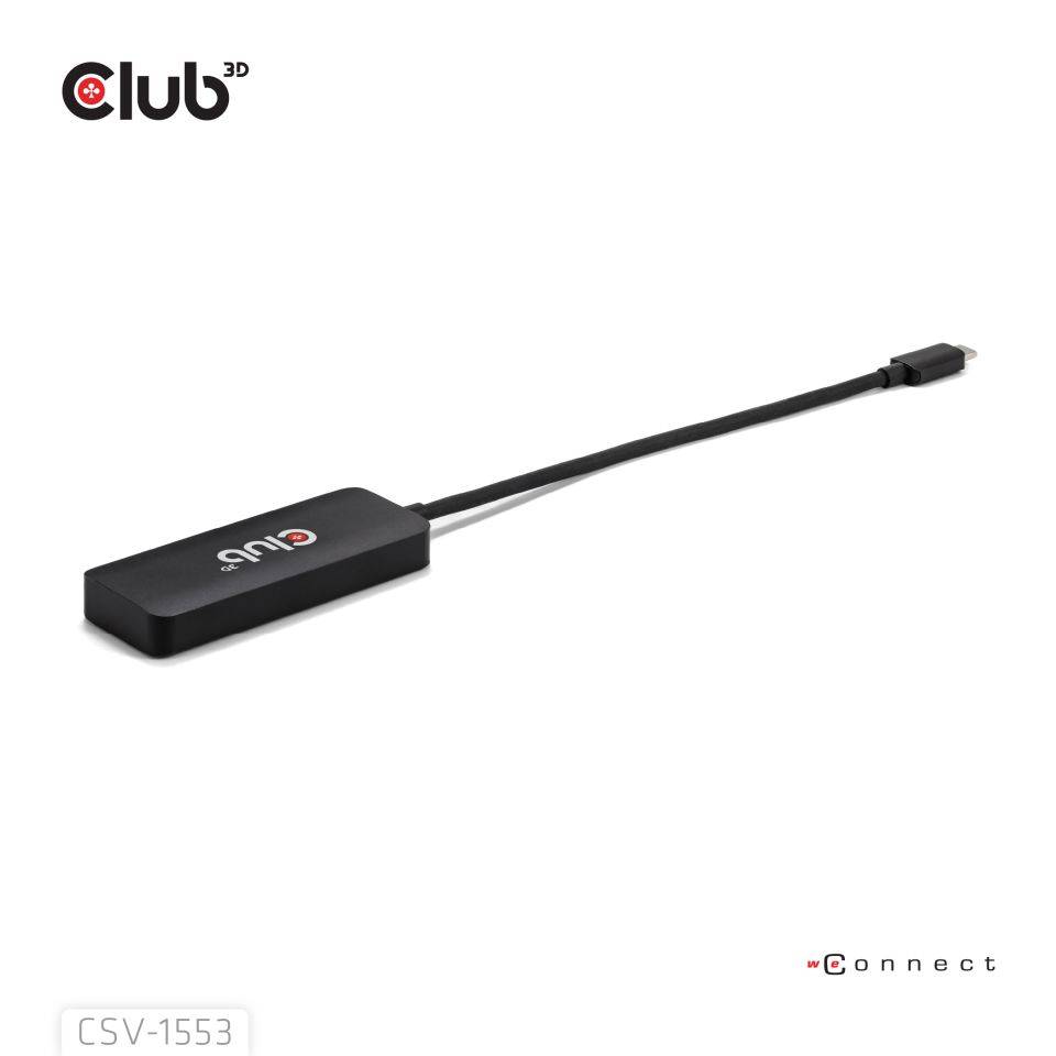 Club 3D CSV-1553 USB-C zu HDMI Adapterkabel auf weißem Hintergrund, mit Club 3D Logo und 