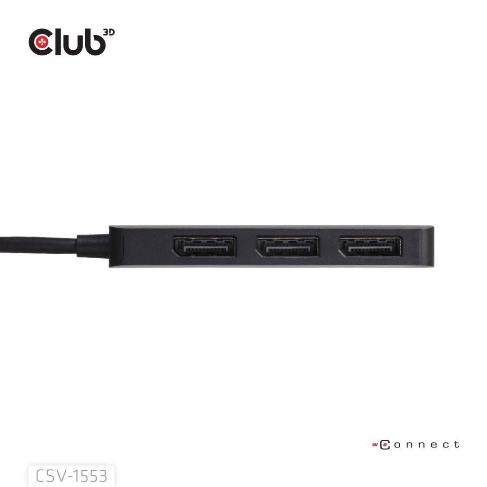 Drei-Port-schwarzer USB-Hub mit angeschlossenem Kabel, gezeigt auf weißem Hintergrund mit „club 3D