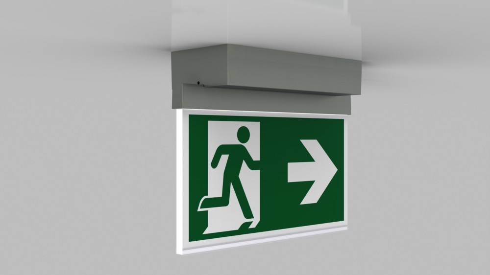 Notausgang-Schild mit grünem Hintergrund, weiße Figur, die durch eine Tür läuft, und nach rechts weisender Pfeil zur Angabe der Fluchtrichtung.
