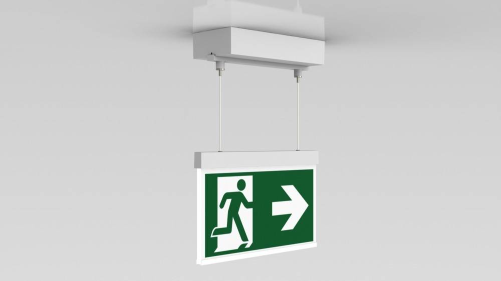 Fluchtwegeschild mit einer Person, die rennend auf einen nach rechts weisenden Pfeil zusteuert und damit die Richtung zum sicheren Ausgang anzeigt.