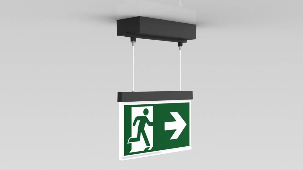 Deckenmontagefähiges Notausgangsschild mit grünem Hintergrund zeigt eine laufende Figur und einen nach rechts weisenden Pfeil, der die Fluchtrichtung anzeigt.