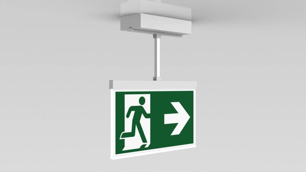 Deckenmontageschild für Notausgang mit einer Person, die auf einen nach rechts weisenden Pfeil auf grünem Hintergrund zueilt.