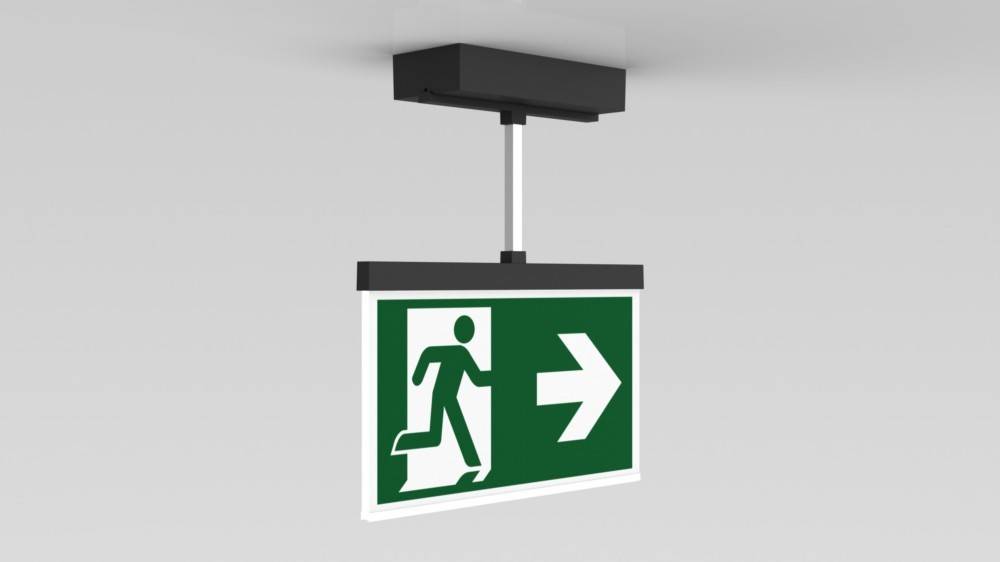 Fluchtwegeschild mit laufender Figur und rechts weisender Pfeilrichtung, die den Fluchtweg anzeigt.