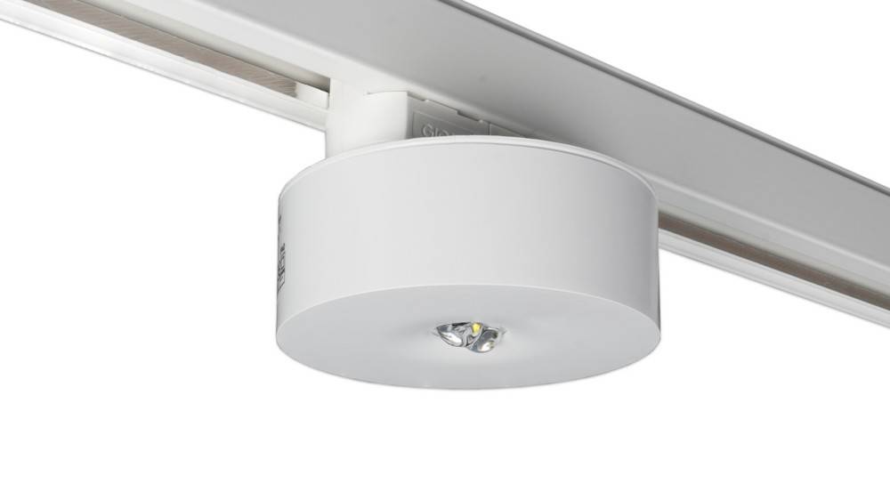 Deckenmontierte kreisförmige LED-Schienenleucht, schlankes weißes Design, auf einer Metallschiene positioniert für verstellbare Beleuchtung in Innenräumen.