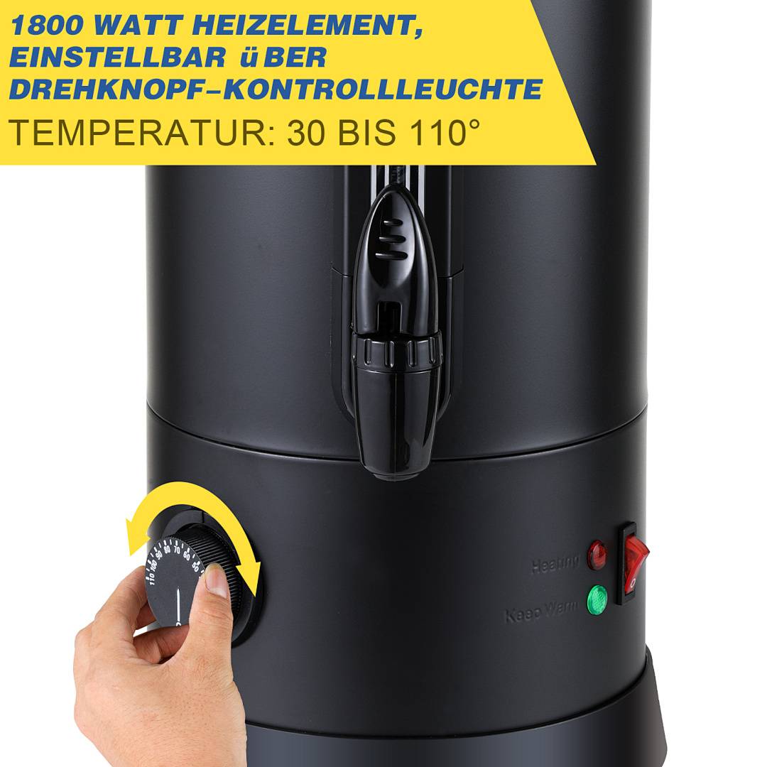 Glühweinkocher 1800 W, Heißgetränkespender,Einkochautomaten, 10L, mit Auffangschale, Auslasshahn, Thermostat und Überhitzungsschutz, Temperaturein